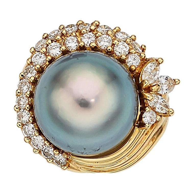 Women's or Men's 18k Gold & South Sea Cultured Pearl Ring w/ 1.75ct Diamond Accents, Size 6.5 For Sale