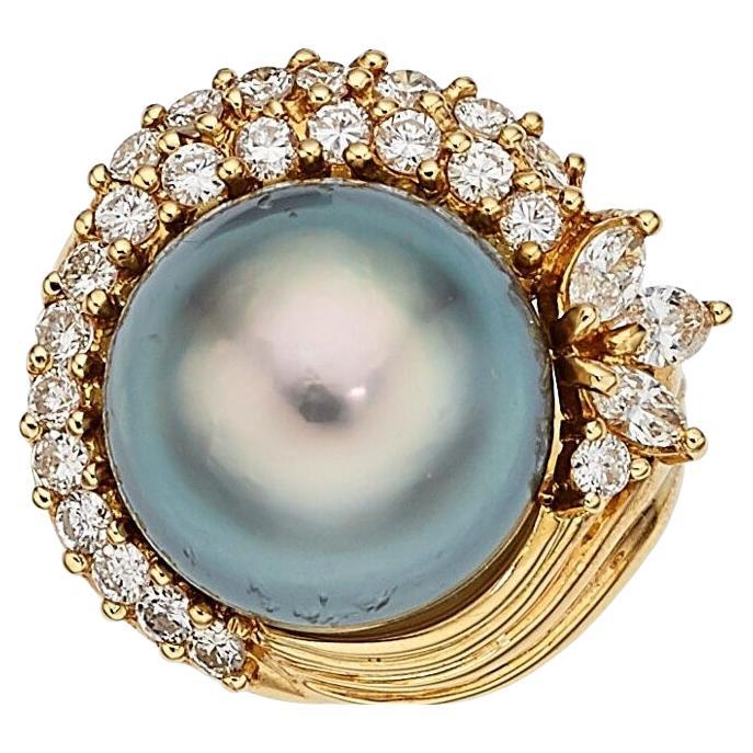18k Gold & South Sea Cultured Pearl Ring w/ 1.75ct Diamond Accents, Size 6.5