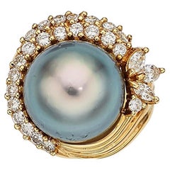 18k Gold & South Sea Cultured Pearl Ring w/ 1.75ct Diamond Accents, Size 6.5