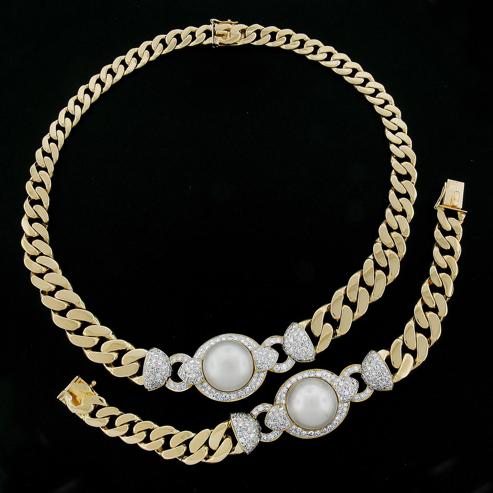 18k Gold South Sea Pearl & 7.65ctw Diamond Curb Link Necklace & Bracelet Set For Sale 5
