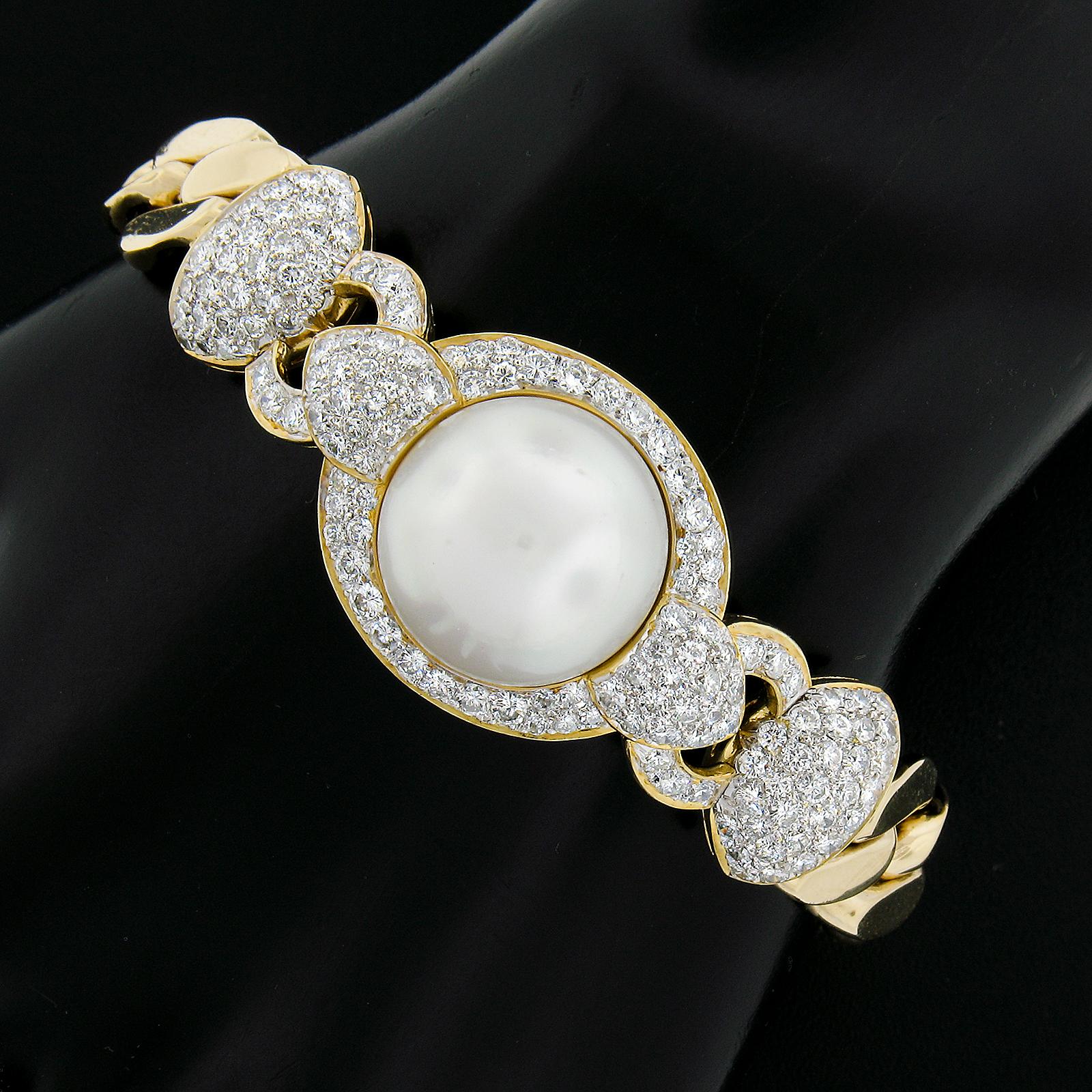 Women's 18k Gold South Sea Pearl & 7.65ctw Diamond Curb Link Necklace & Bracelet Set For Sale