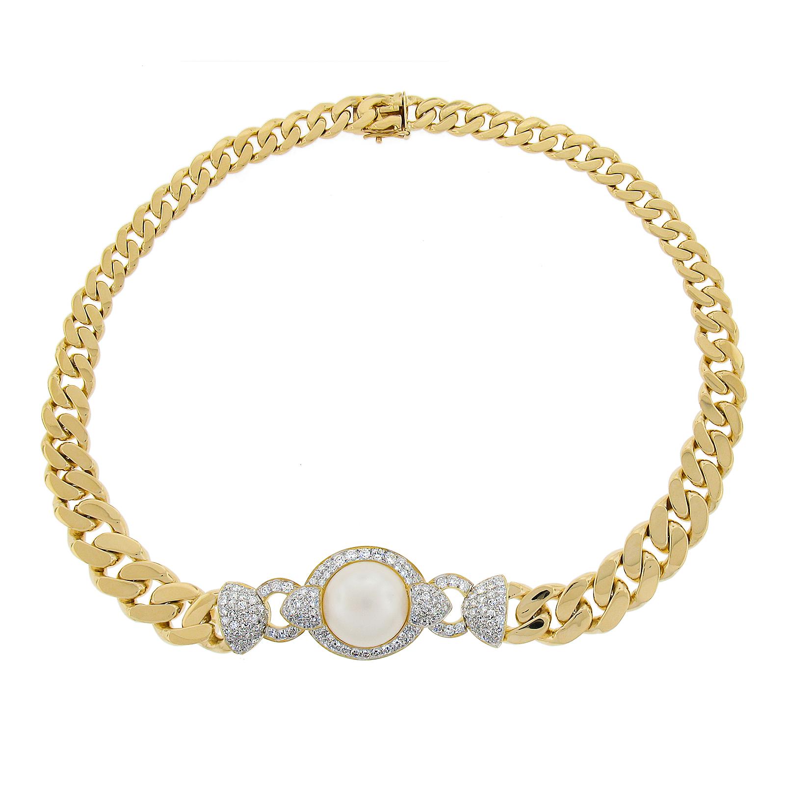 18k Gold South Sea Pearl & 7.65ctw Diamond Curb Link Necklace & Bracelet Set For Sale 1
