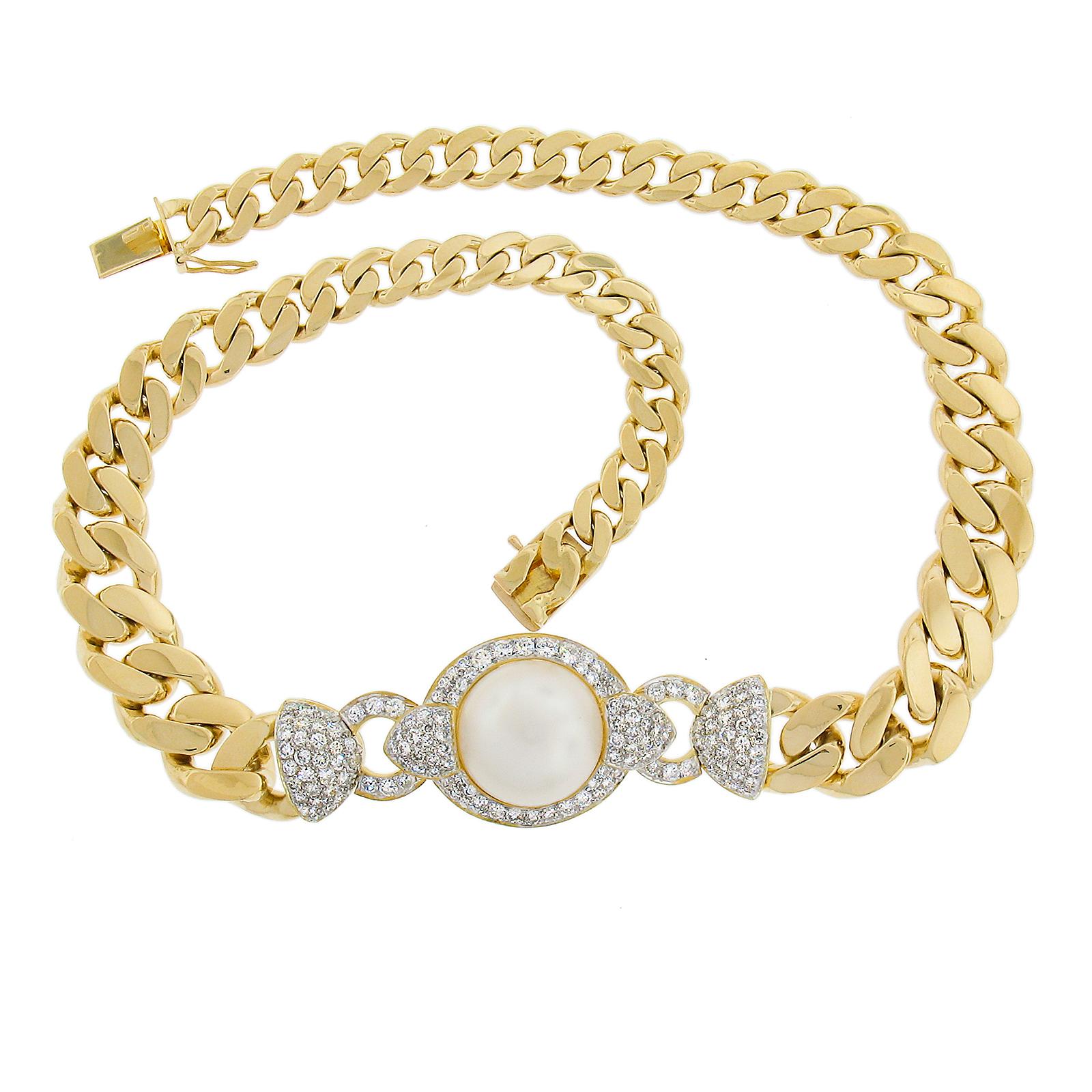 18k Gold South Sea Pearl & 7.65ctw Diamond Curb Link Necklace & Bracelet Set For Sale 2