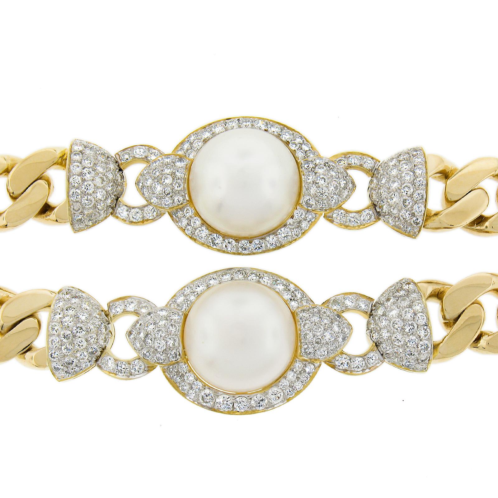 18k Gold South Sea Pearl & 7.65ctw Diamond Curb Link Necklace & Bracelet Set For Sale 3