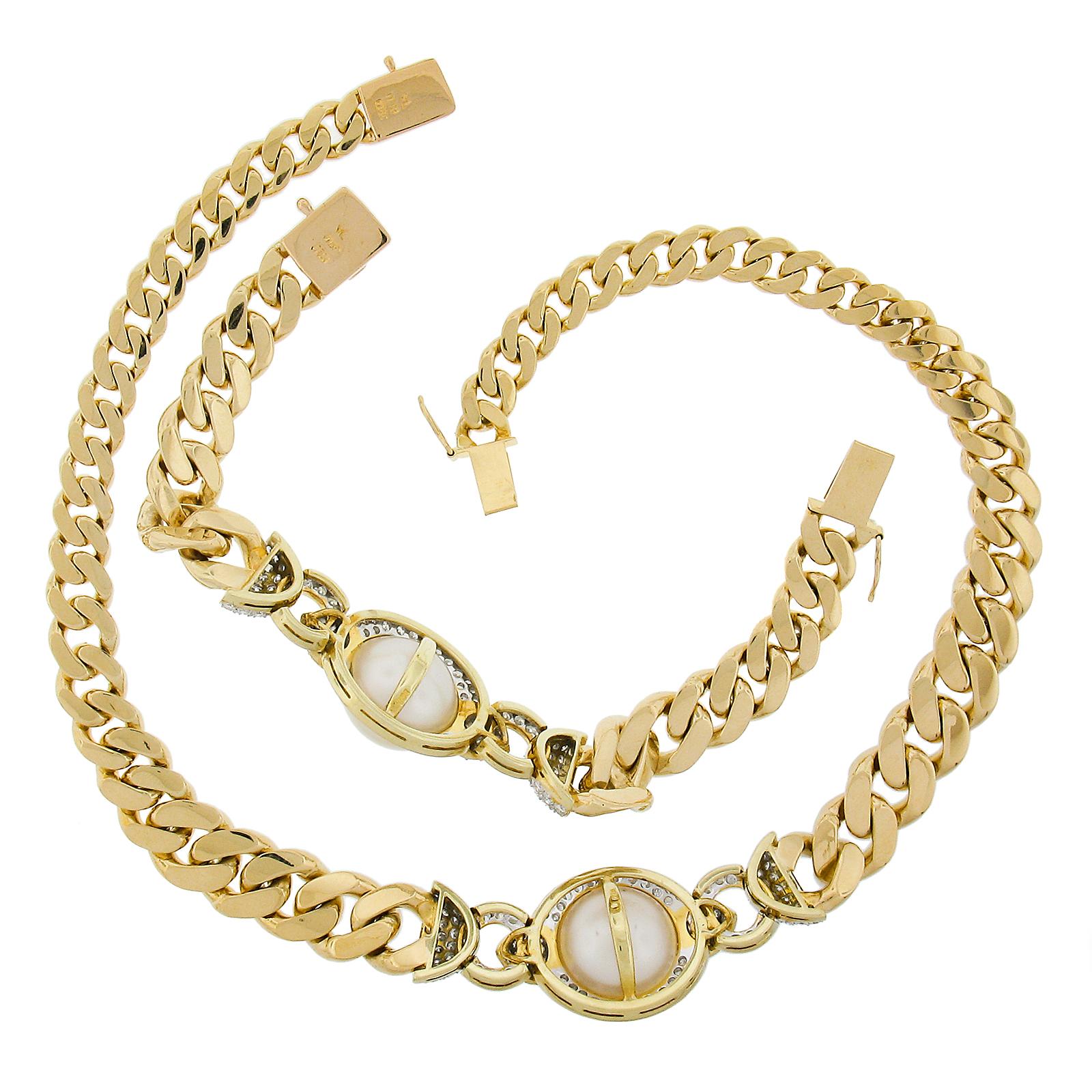 18k Gold South Sea Pearl & 7.65ctw Diamond Curb Link Necklace & Bracelet Set For Sale 4