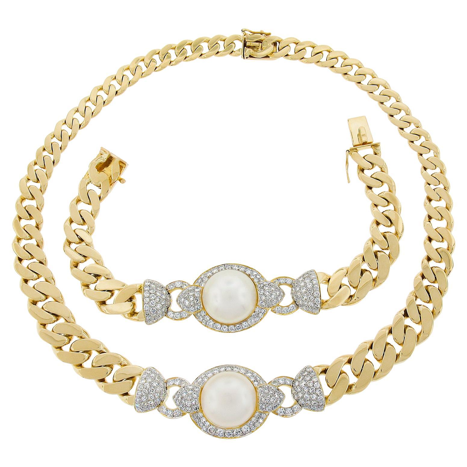 18k Gold South Sea Pearl & 7.65ctw Diamond Curb Link Necklace & Bracelet Set For Sale