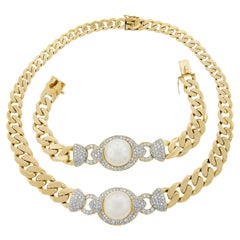 18 Karat Gold Südseeperle & 7,65 Karat Diamant Curb Link Halskette & Armband Set