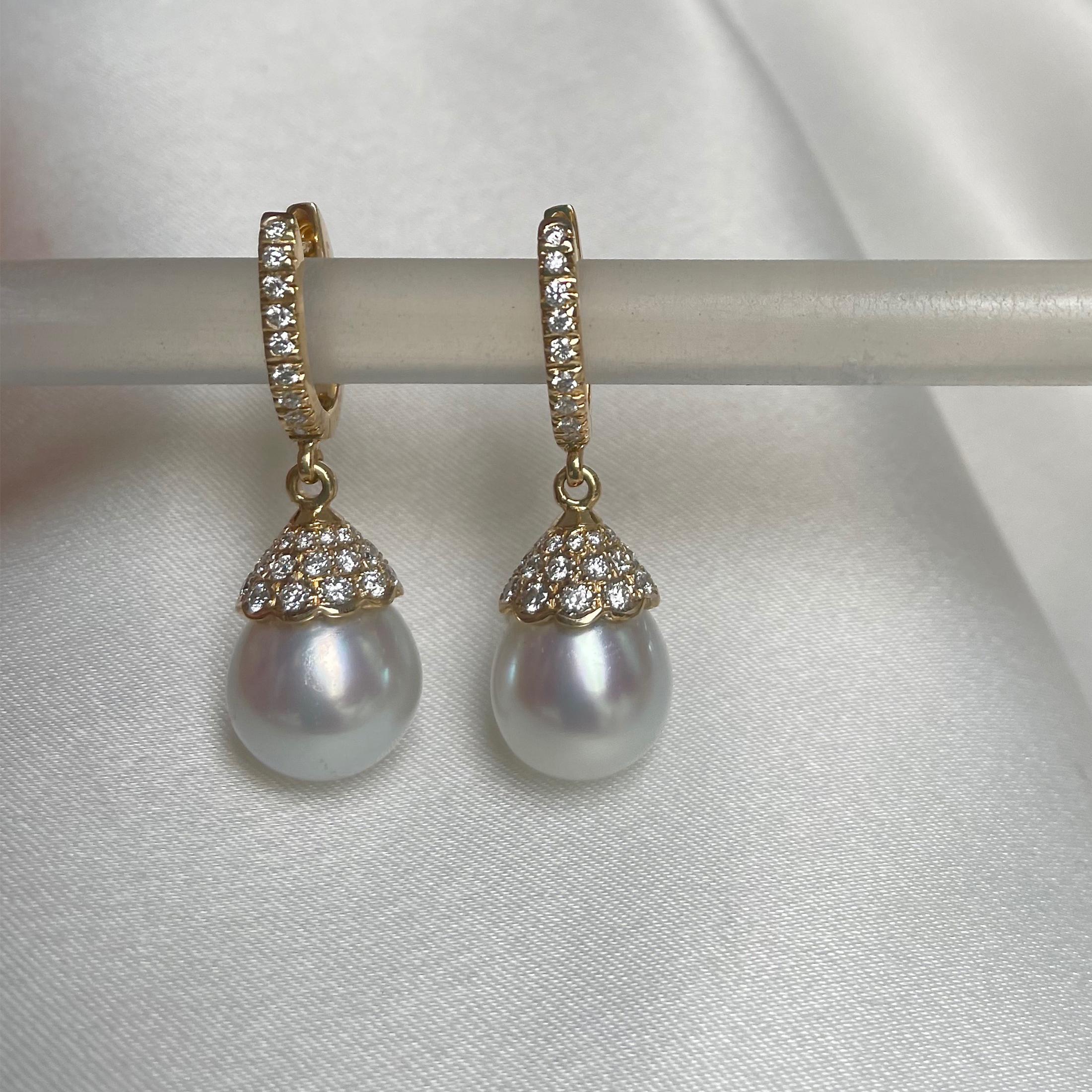 Absolutely lovely is the only way to describe these earrings.  Light weigh, beautiful white south sea pearls, luscious gold patina and accented with diamonds.  Great for every day, elegant enough for evening, the definition of  wearable luxury.  