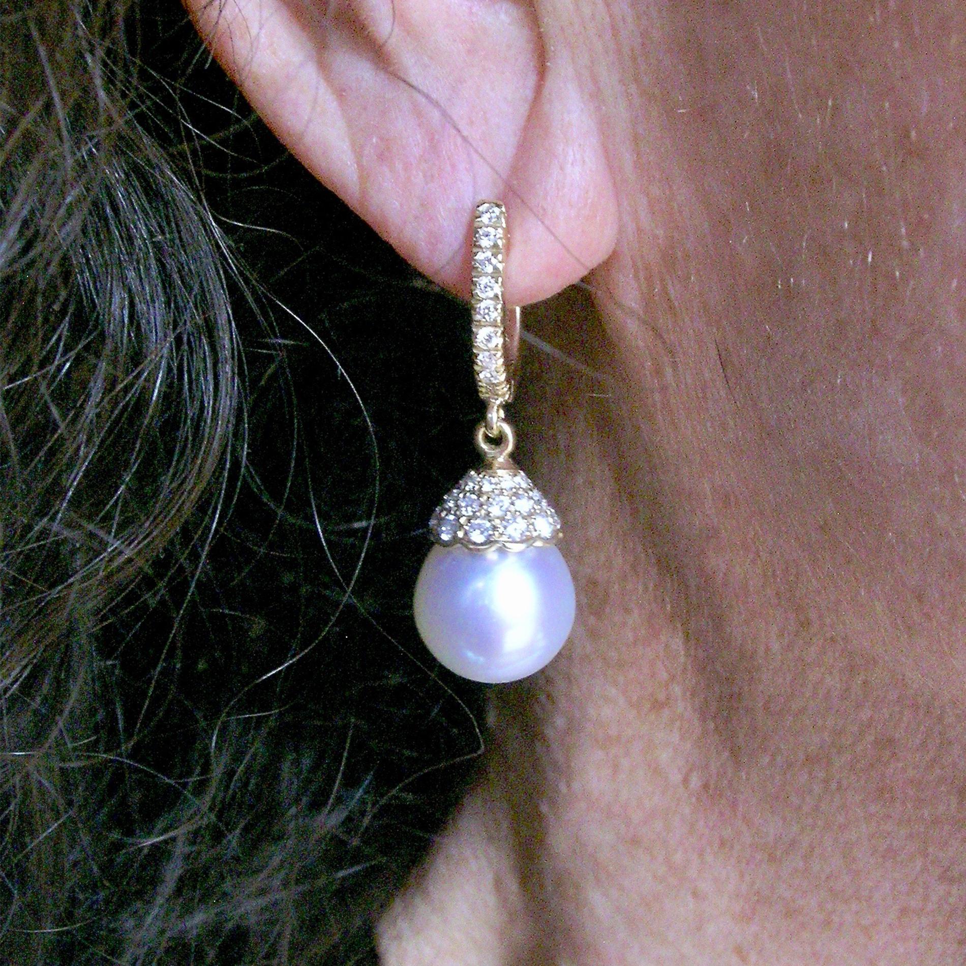 Byzantine 18k Gold & South Sea Pearl Earrings w/ 0.67cts Diamonds For Sale