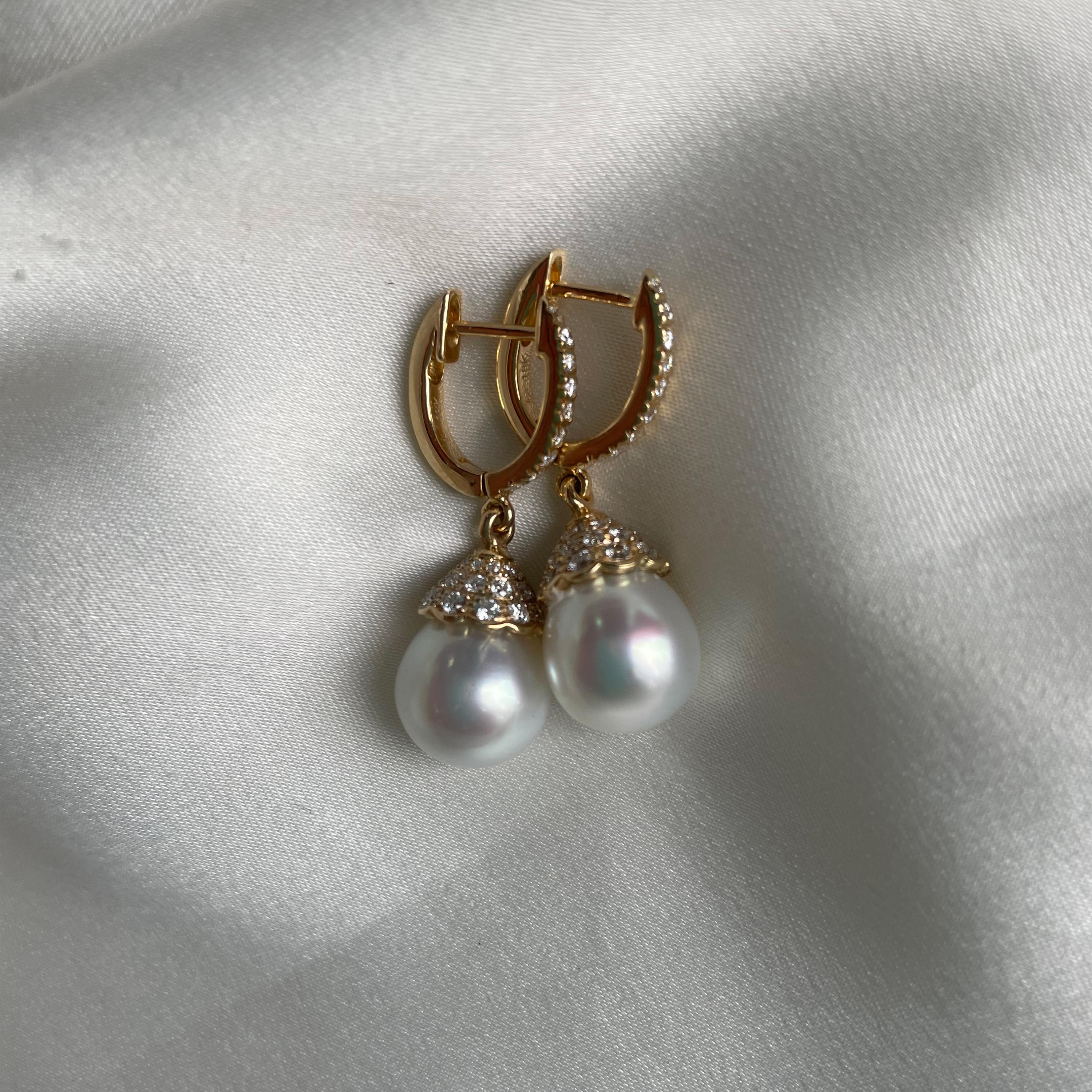 Brilliant Cut 18k Gold & South Sea Pearl Earrings w/ 0.67cts Diamonds For Sale