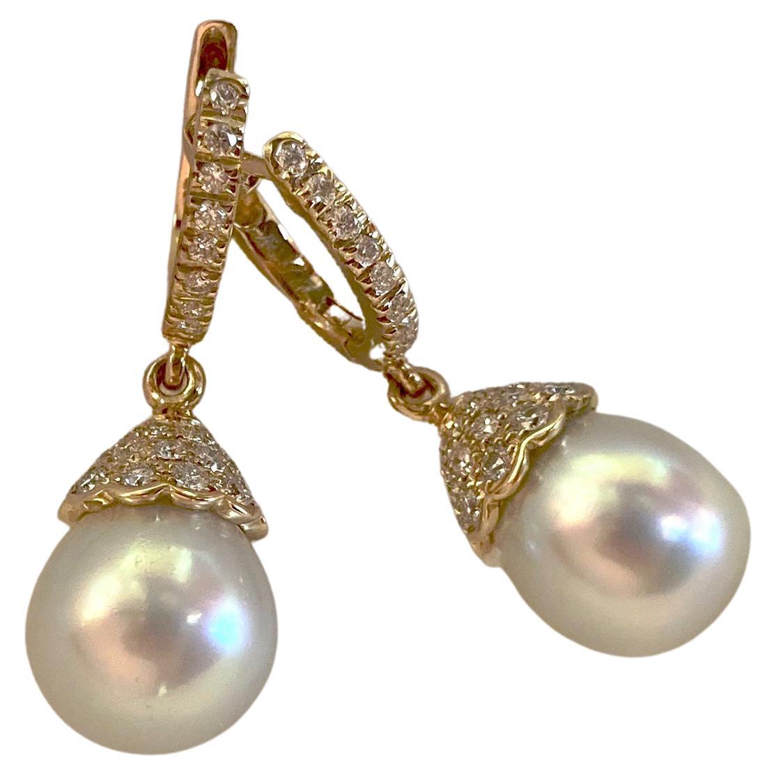 18k Gold & South Sea Pearl Earrings w/ 0.67cts Diamonds For Sale
