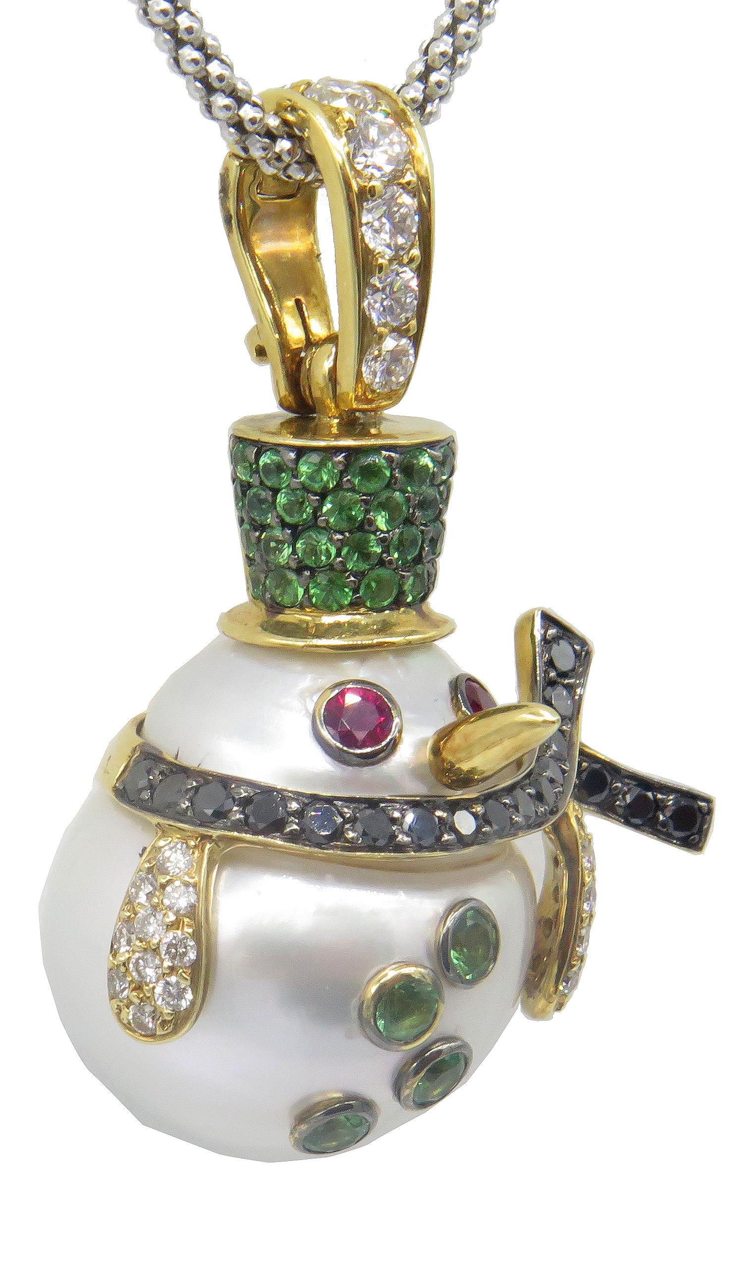 Round Cut 18K Gold South Sea Pearl Tsavorite Garnet Black & White Diamond Snowman Necklace For Sale