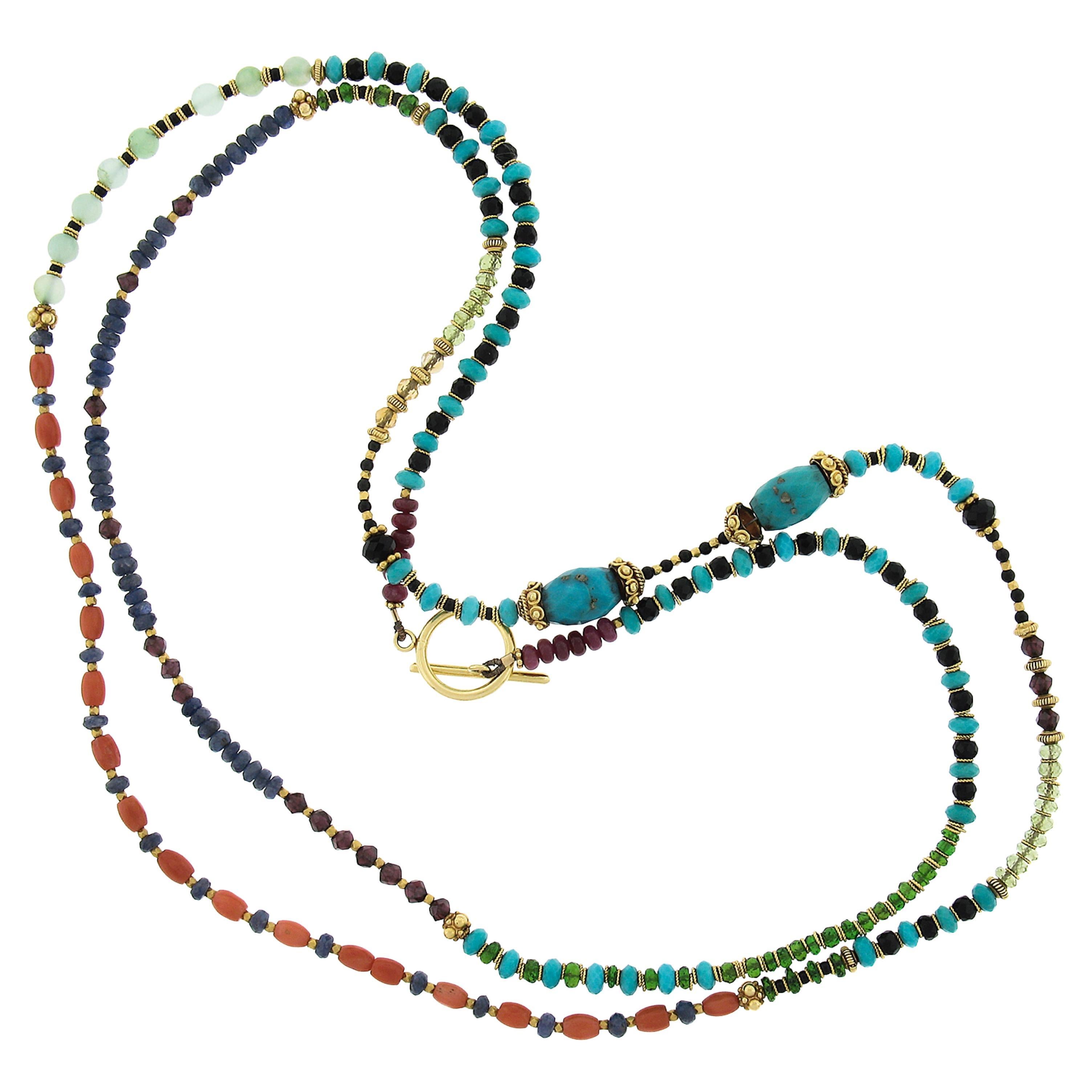 18k Gold Spacer Beads Toggle Clasp 44" Long Natural Gemstone Multicolor Necklace For Sale