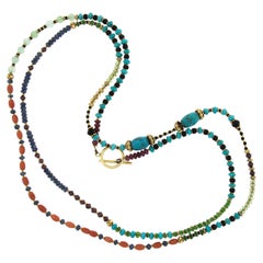18k Gold Spacer Beads Toggle Clasp 44" Long Natural Gemstone Multicolor Necklace