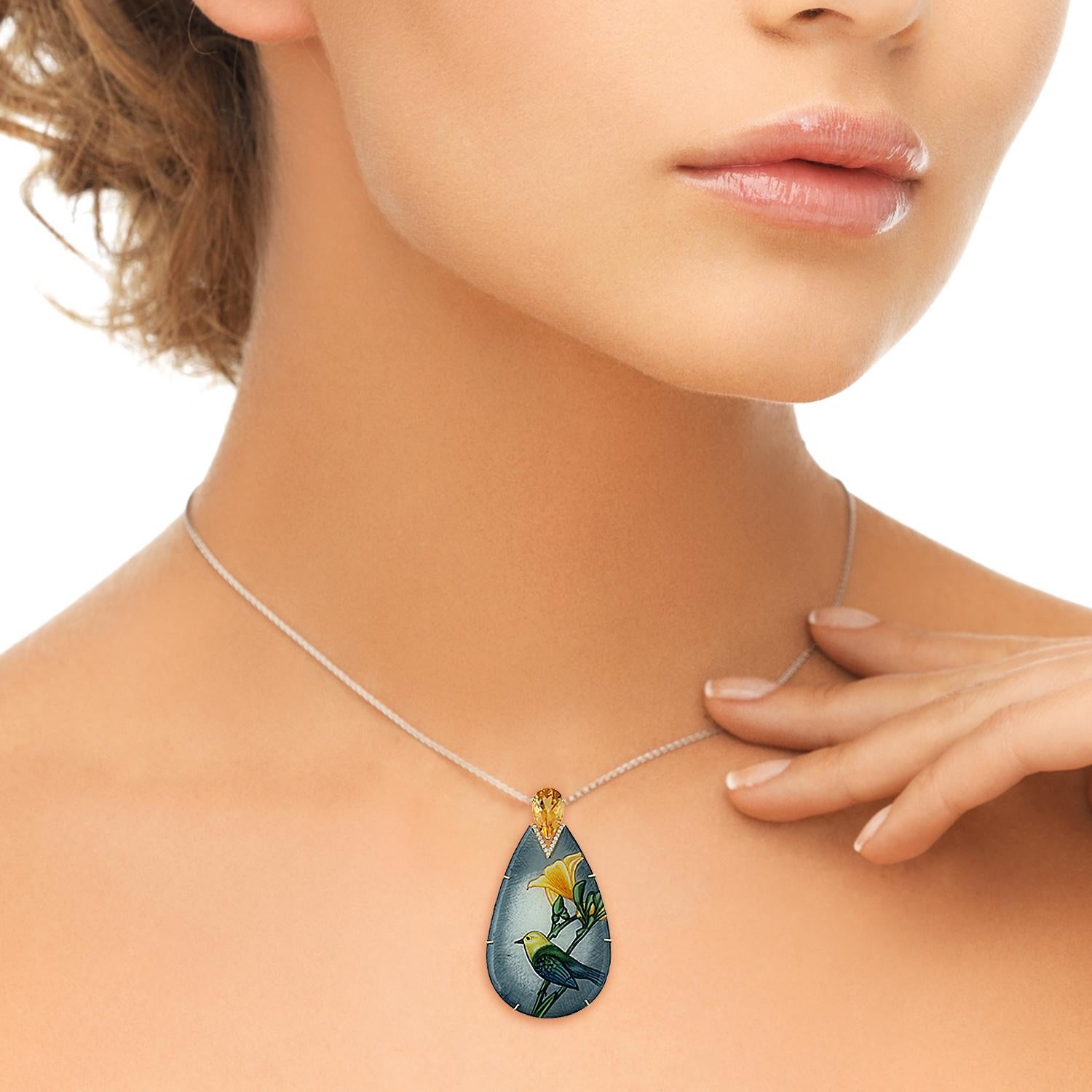 This beautiful Sparrow Enamel pendant features unique hand painted miniature in 18K gold.  It's is set with 4.1 carats Citrine  & 0.9 carats diamonds. 

FOLLOW  MEGHNA JEWELS storefront to view the latest collection & exclusive pieces.  Meghna