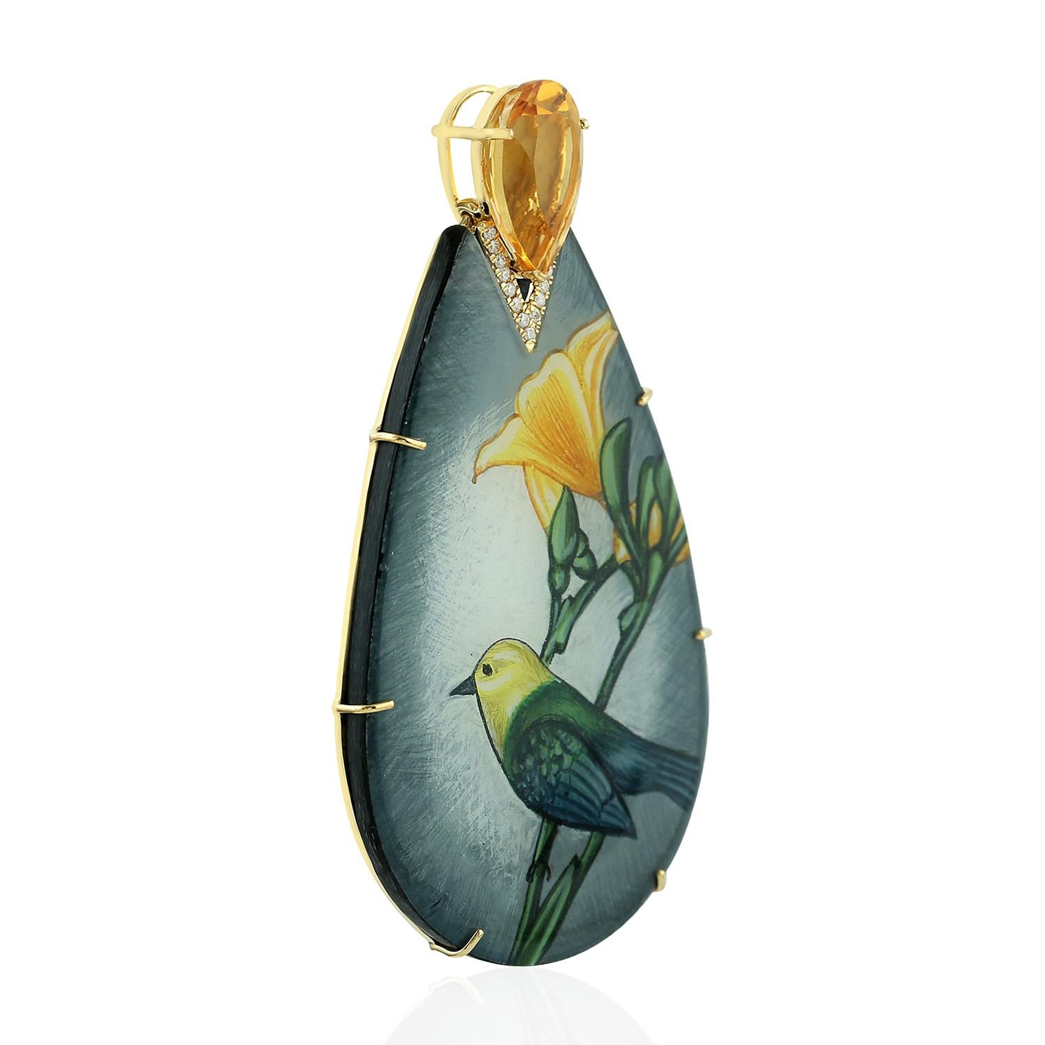 Artisan Enamel Citrine Diamond 18 Karat Gold Sparrow Pendant Necklace For Sale