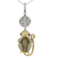 18k Gold "Speak No Evil" Diamond Monkey Pendant W/Necklace by Lorraine Schwartz