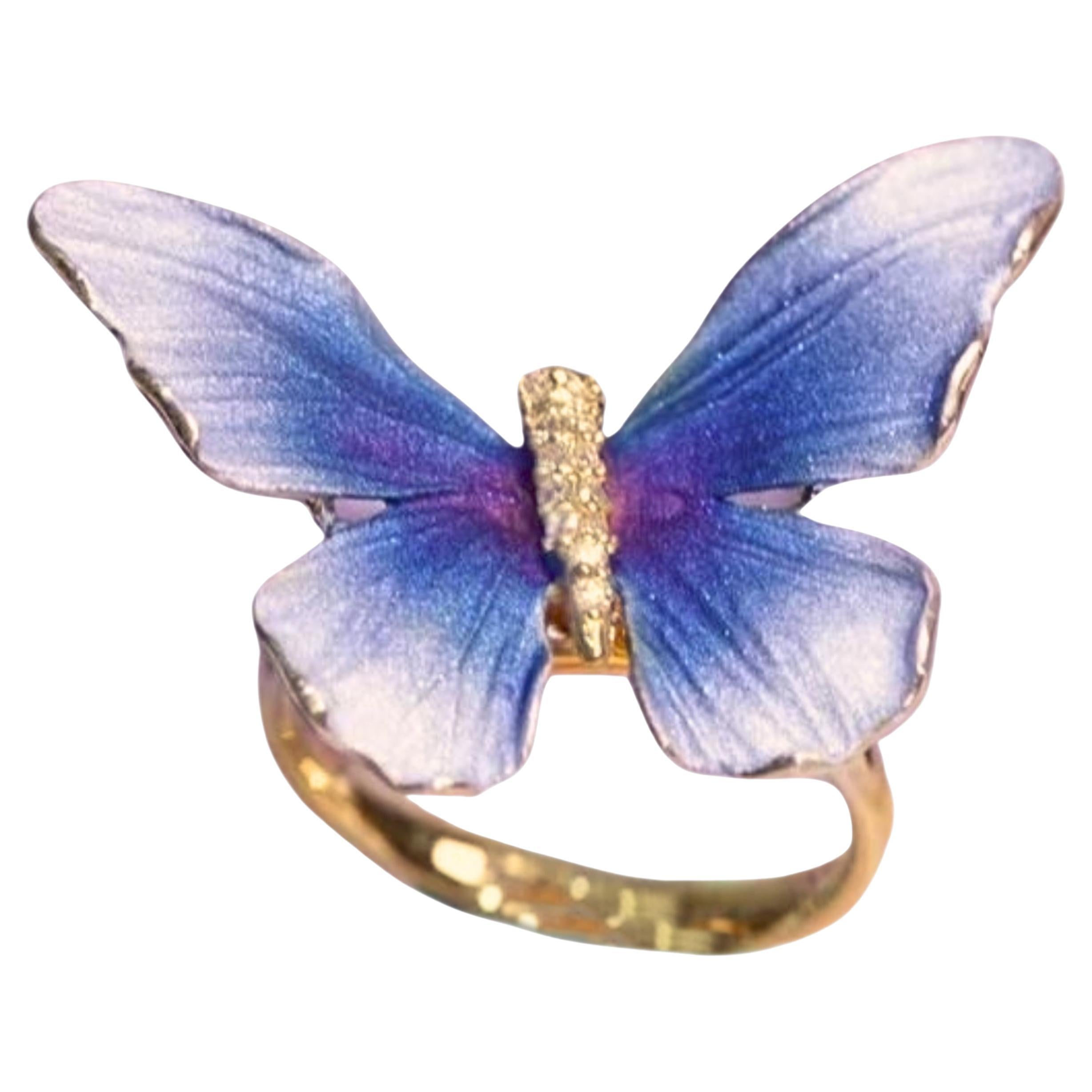18K Gold Special Gold-Powder Technique Butterfly Ring with Diamonds