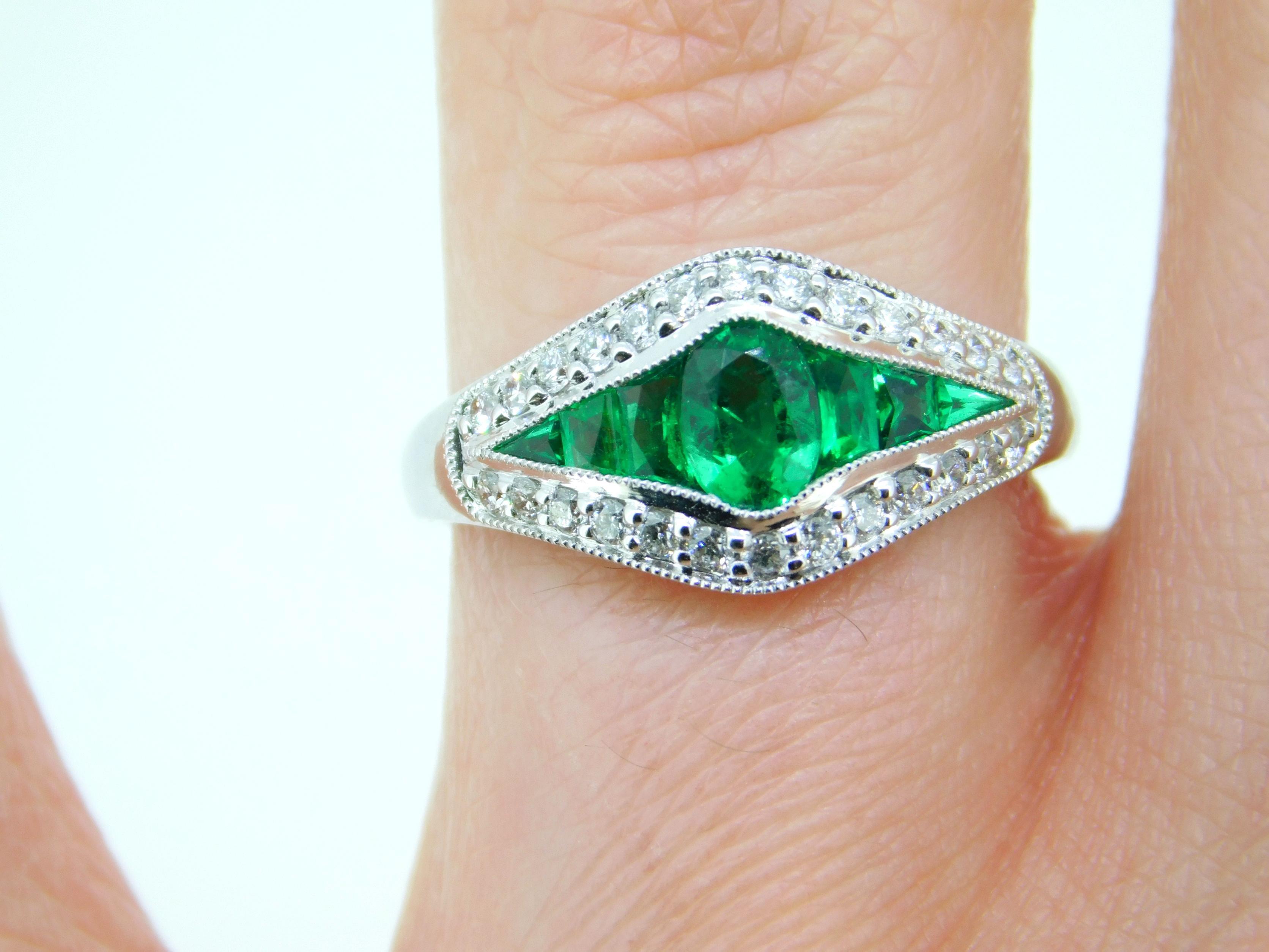 Women's 18k Gold Specialty Cut Fine Genuine Natural Emerald and Diamond Ring '#J5124' For Sale