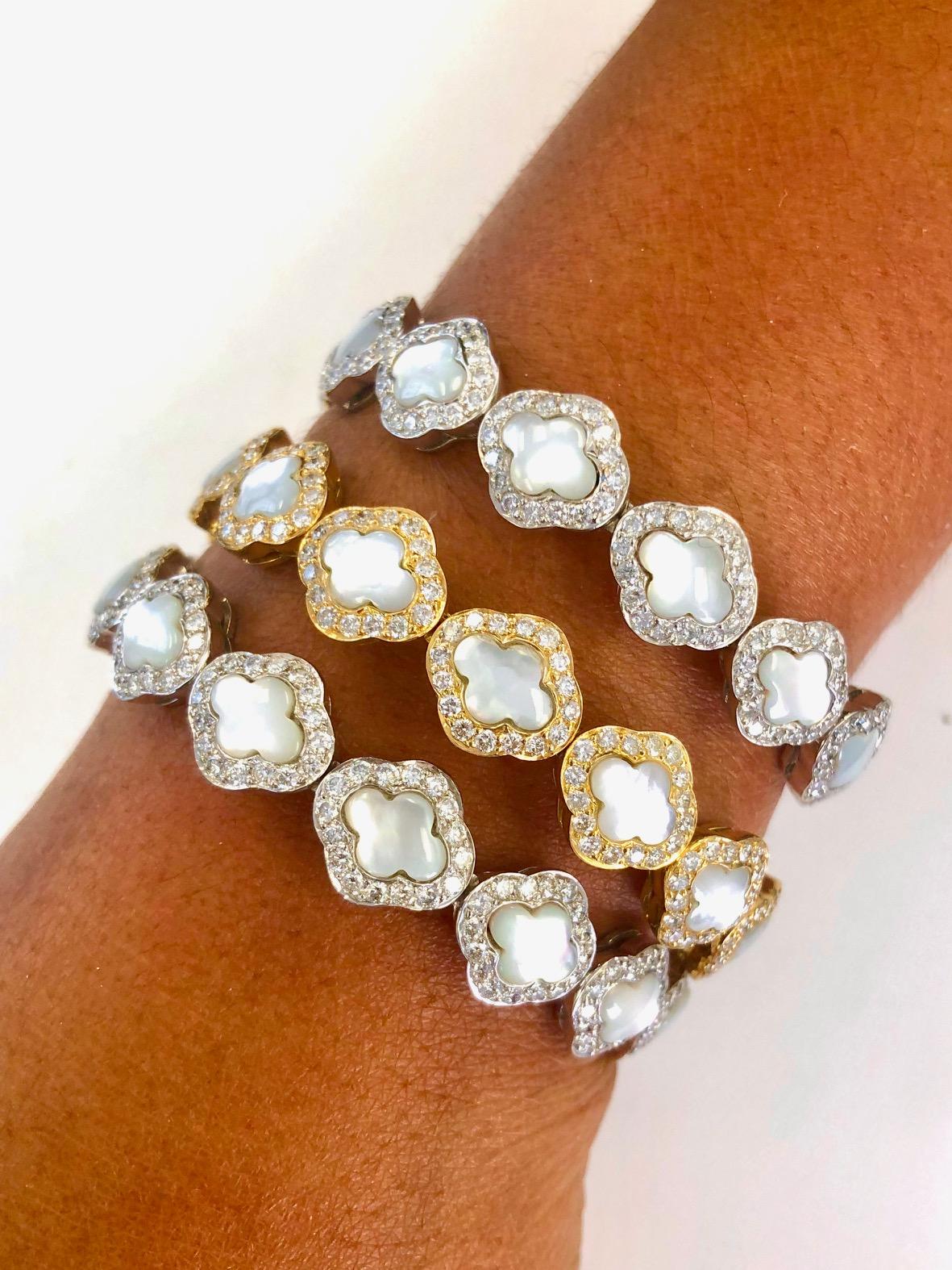 18 Karat Gold Spring Bangle Diamond and Mother of Pearl Bracelet For Sale 2