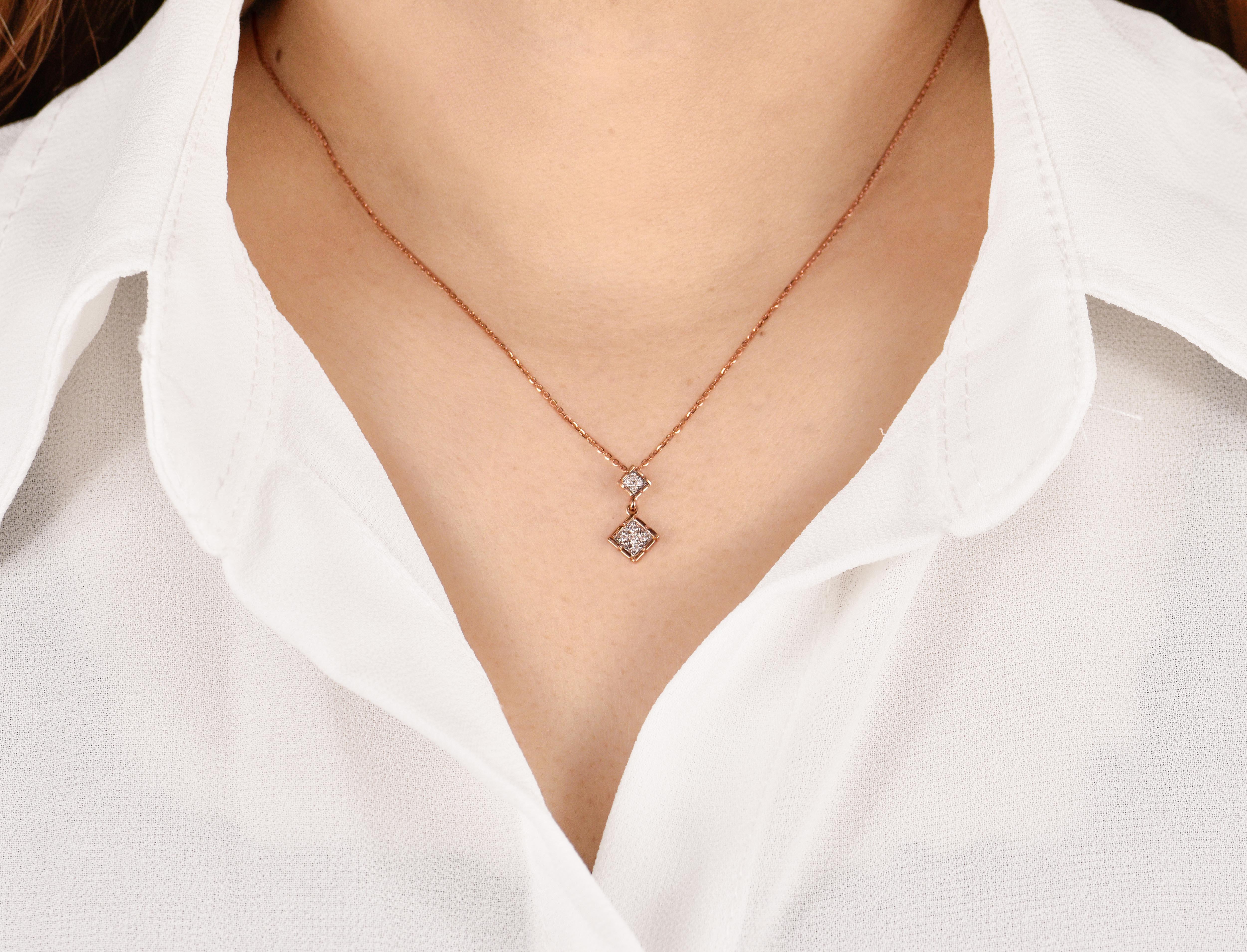18k Gold Square Charm Diamond Necklace Dainty Charm Necklace  For Sale 7