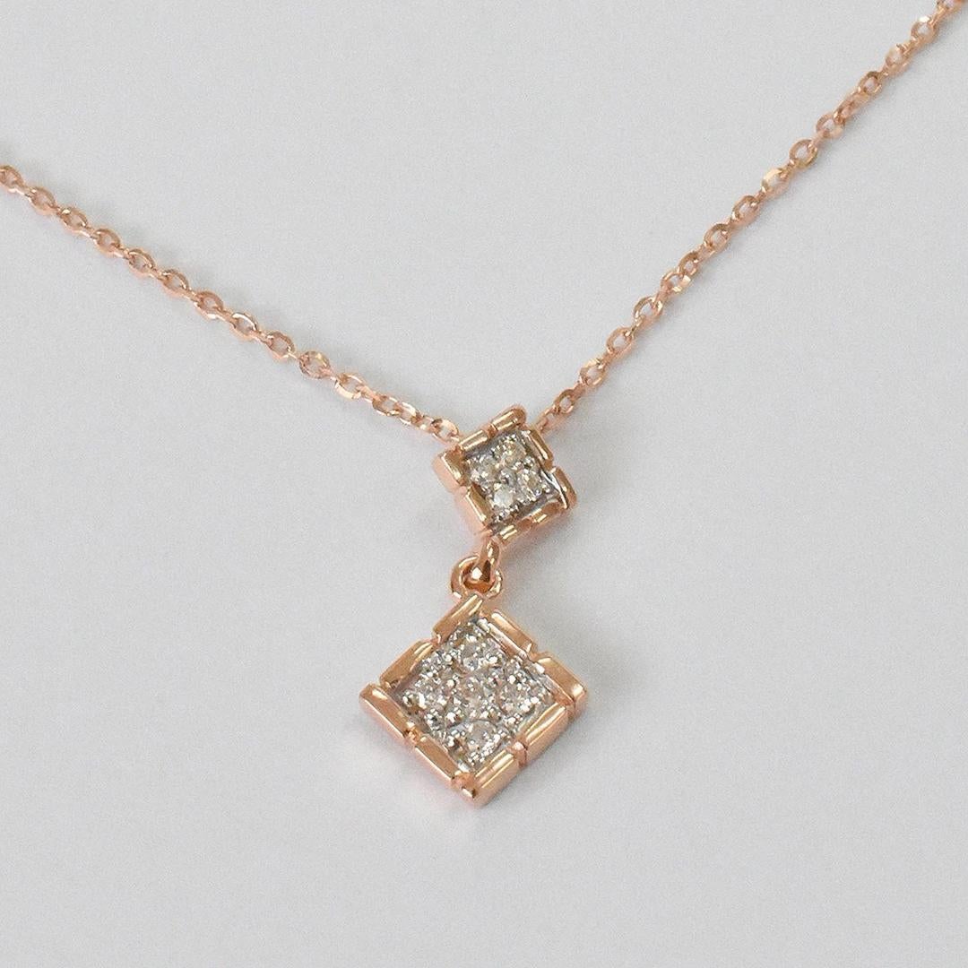 Round Cut 18k Gold Square Charm Diamond Necklace Dainty Charm Necklace  For Sale