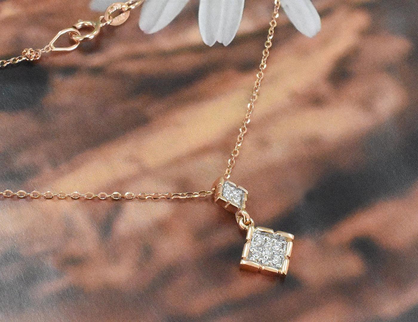 18k Gold Square Charm Diamond Necklace Dainty Charm Necklace  For Sale 1