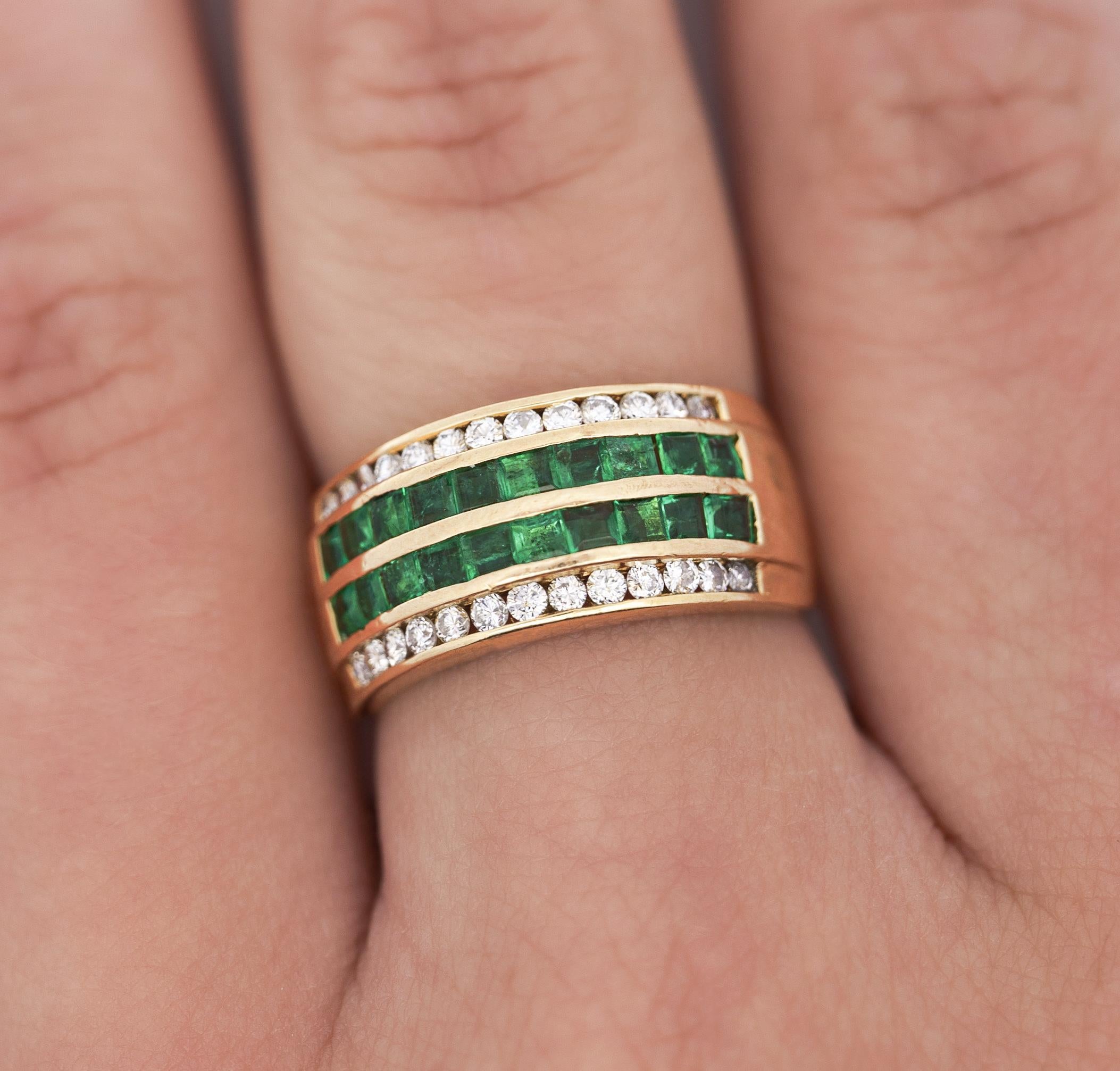 Princess Cut 18K Gold Square Emerald and Round Diamond Channel Set Band Ring