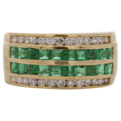 18K Gold Square Emerald and Round Diamond Channel Set Band Ring