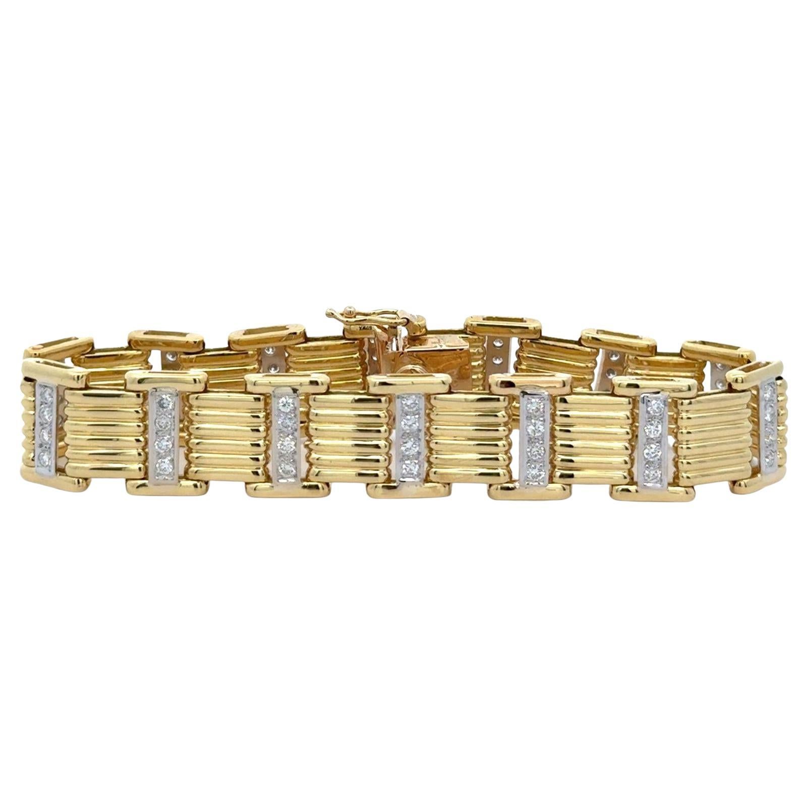 18K Gold Square Link 2-Tone Diamond Mens Bracelet