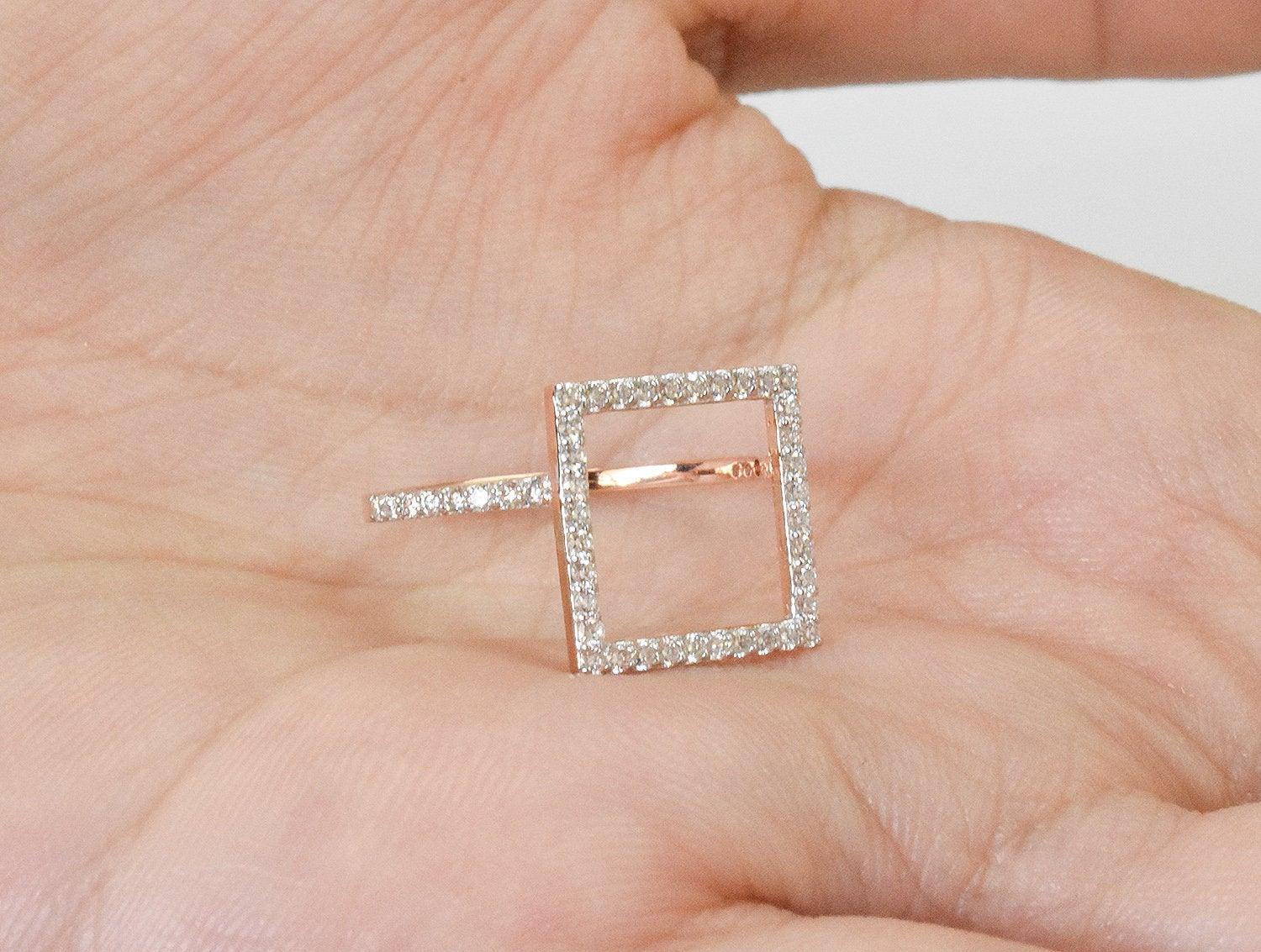 For Sale:  18K Gold Square Shape Gold Diamond Ring Geometric Shape Diamond 10