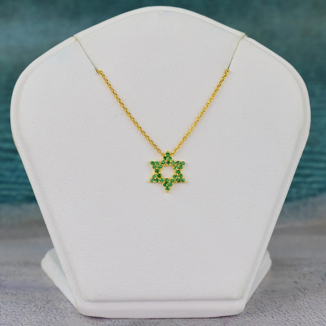 Modern 18k Gold Star of David Emerald Pendant May Birthstone Minimalist Necklace For Sale