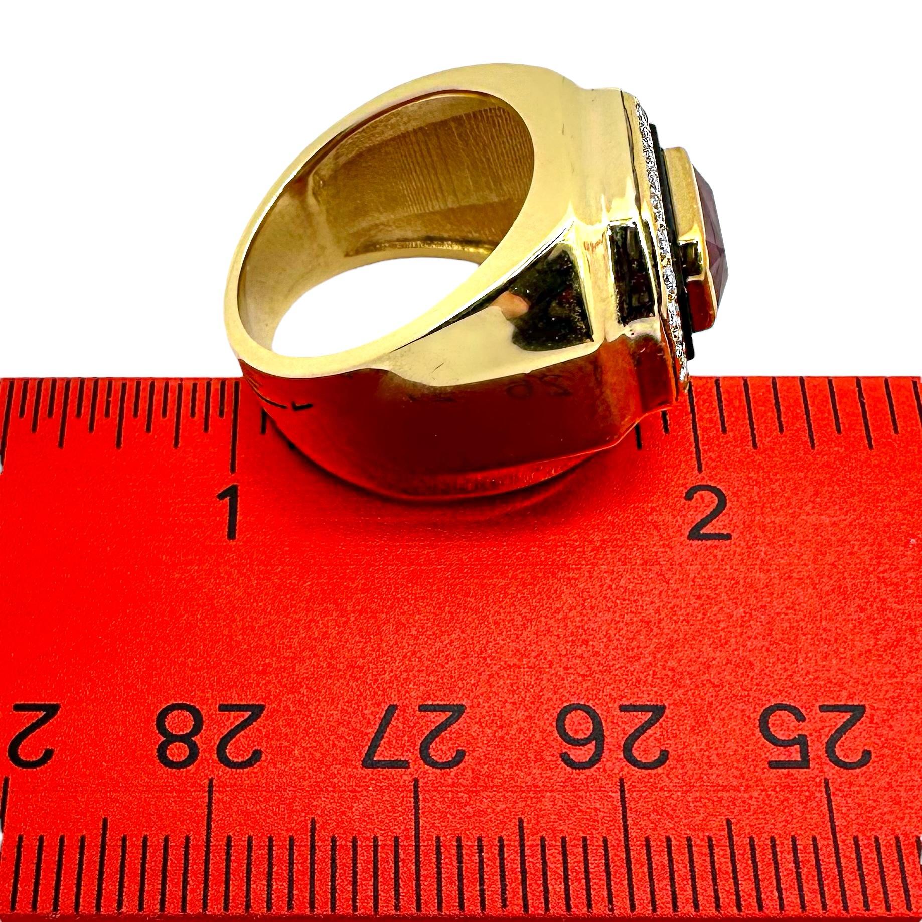 18k Gold Statement RIng Featuring An Unenhanced Mozambique Ruby, Onyx & Diamonds For Sale 4