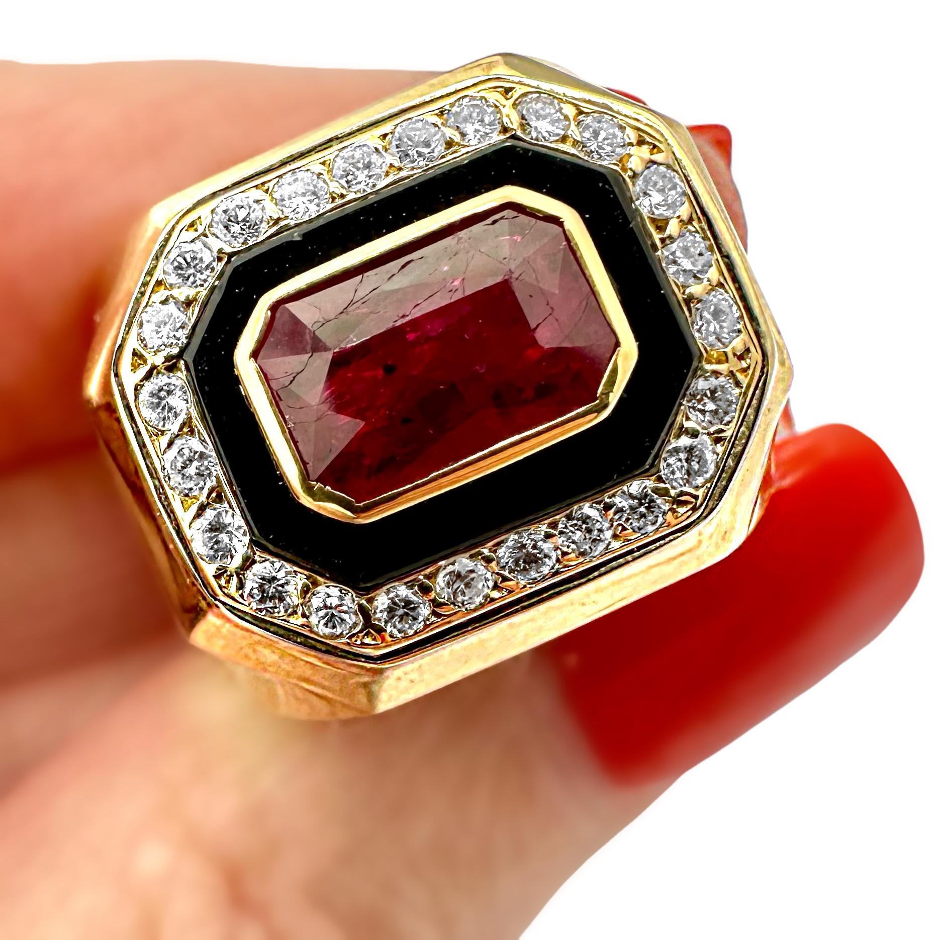 18k Gold Statement RIng Featuring An Unenhanced Mozambique Ruby, Onyx & Diamonds For Sale 5