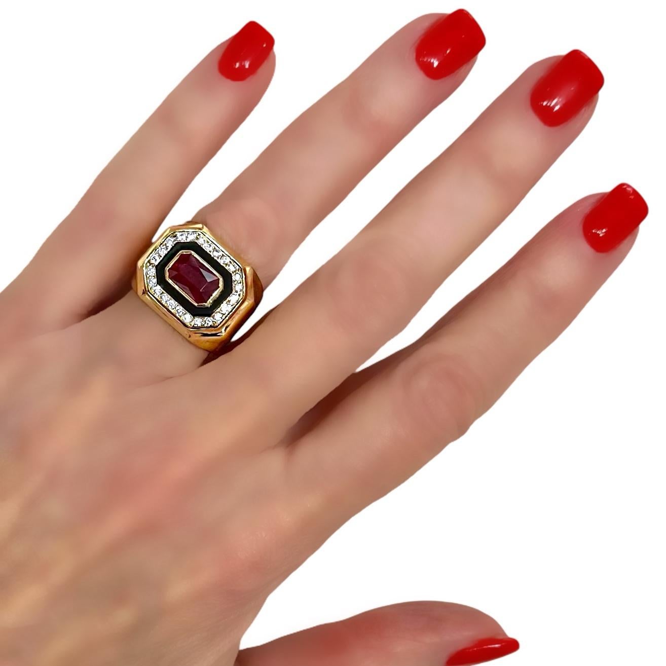 18k Gold Statement RIng Featuring An Unenhanced Mozambique Ruby, Onyx & Diamonds For Sale 6