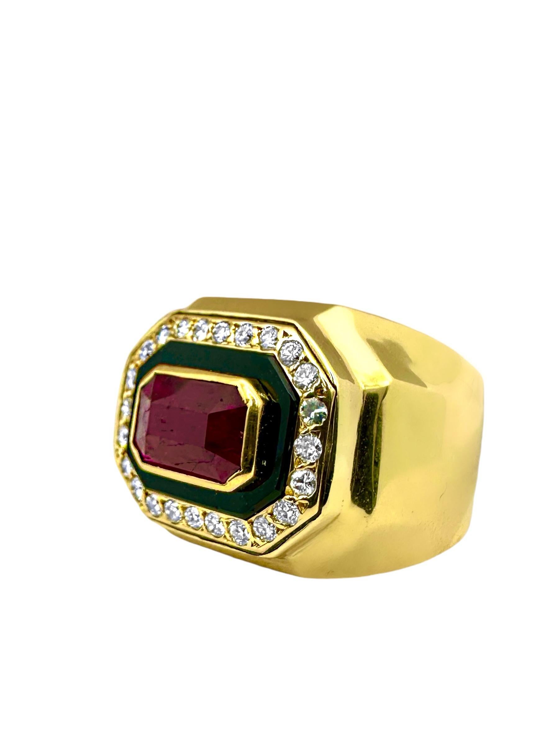 Modern 18k Gold Statement RIng Featuring An Unenhanced Mozambique Ruby, Onyx & Diamonds For Sale