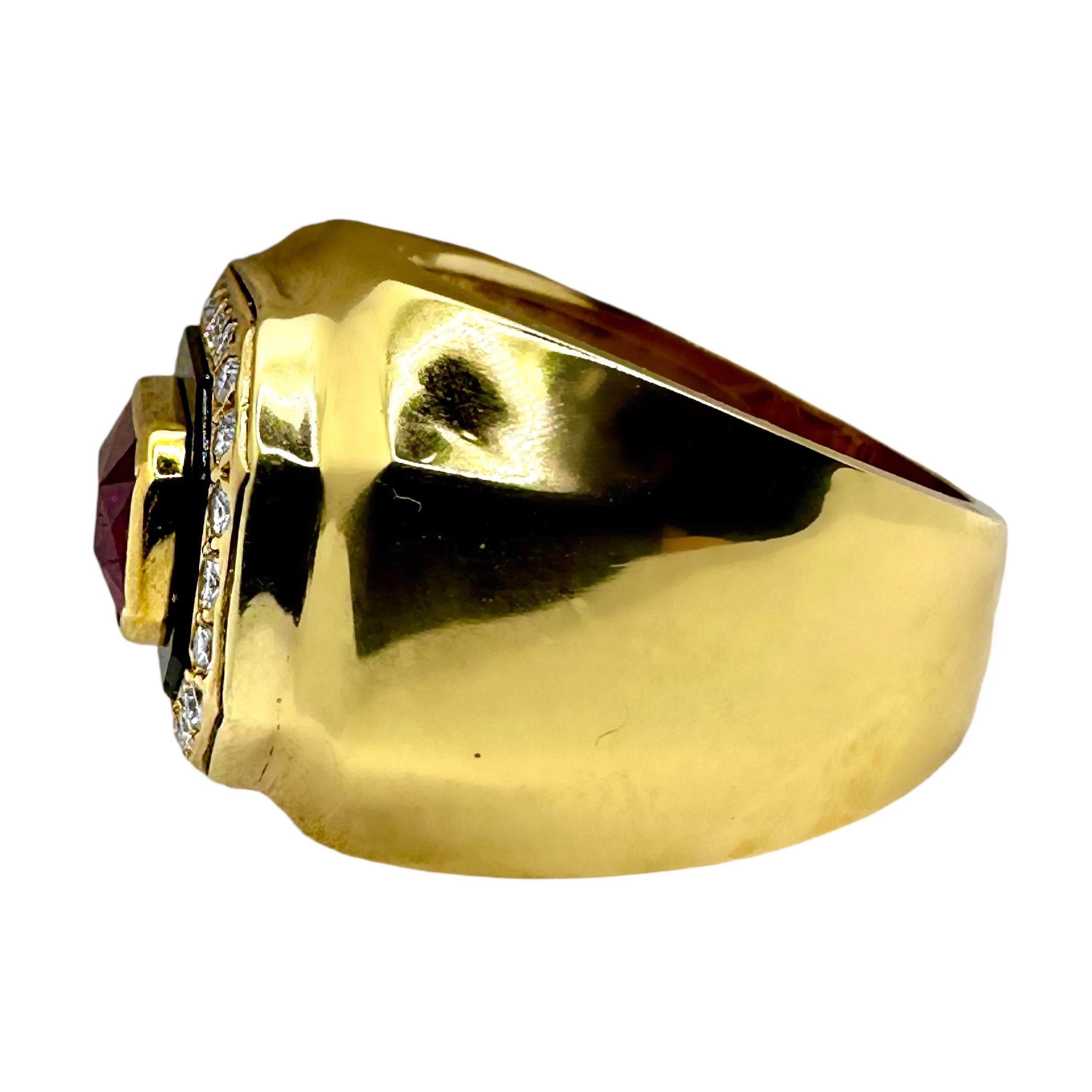 Emerald Cut 18k Gold Statement RIng Featuring An Unenhanced Mozambique Ruby, Onyx & Diamonds For Sale