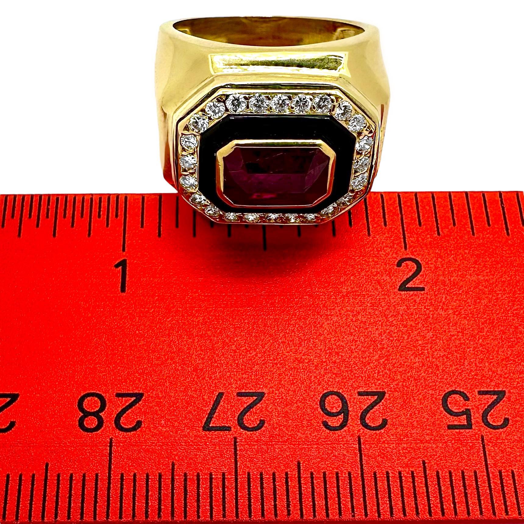 18k Gold Statement RIng Featuring An Unenhanced Mozambique Ruby, Onyx & Diamonds For Sale 3