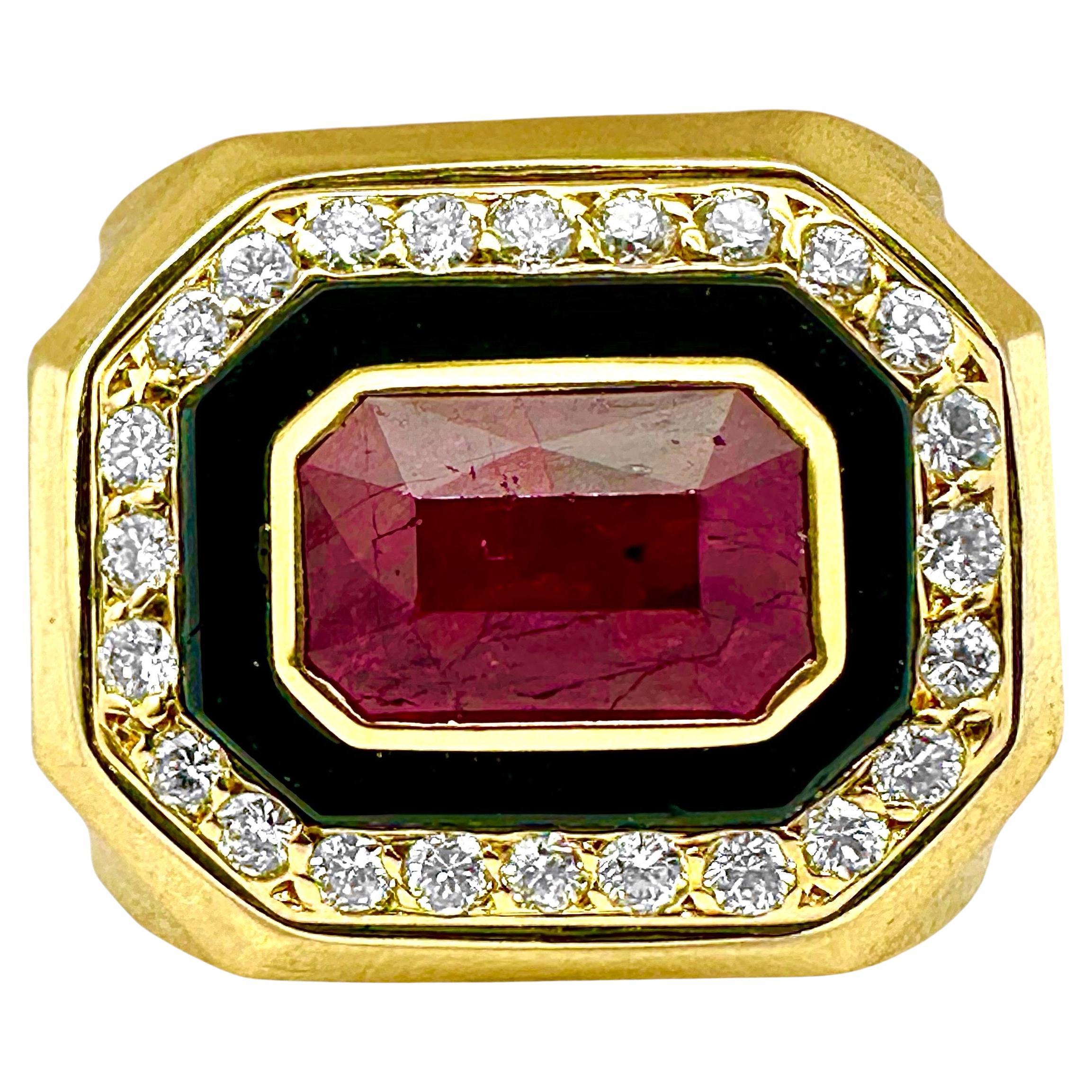 18k Gold Statement RIng Featuring An Unenhanced Mozambique Ruby, Onyx & Diamonds For Sale