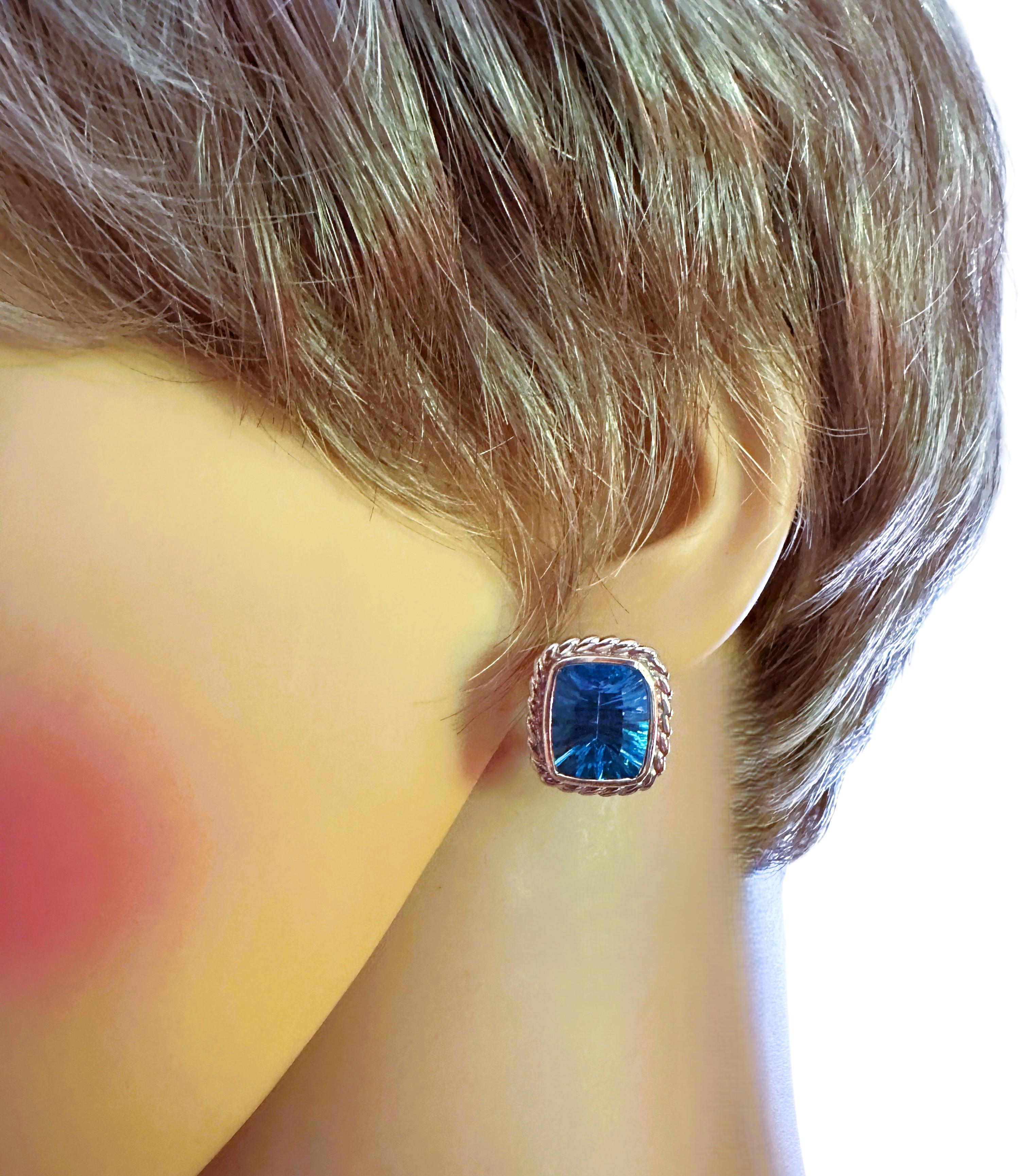 18k Gold & Sterling Lorenzo London 10,1 Karat Blauer Topas Ohrringe w Omega Backs (Art déco)