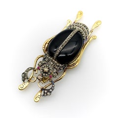 Spilla in oro 18K e argento Sterling Ruby con diamanti taglio rosa, onice e rubino