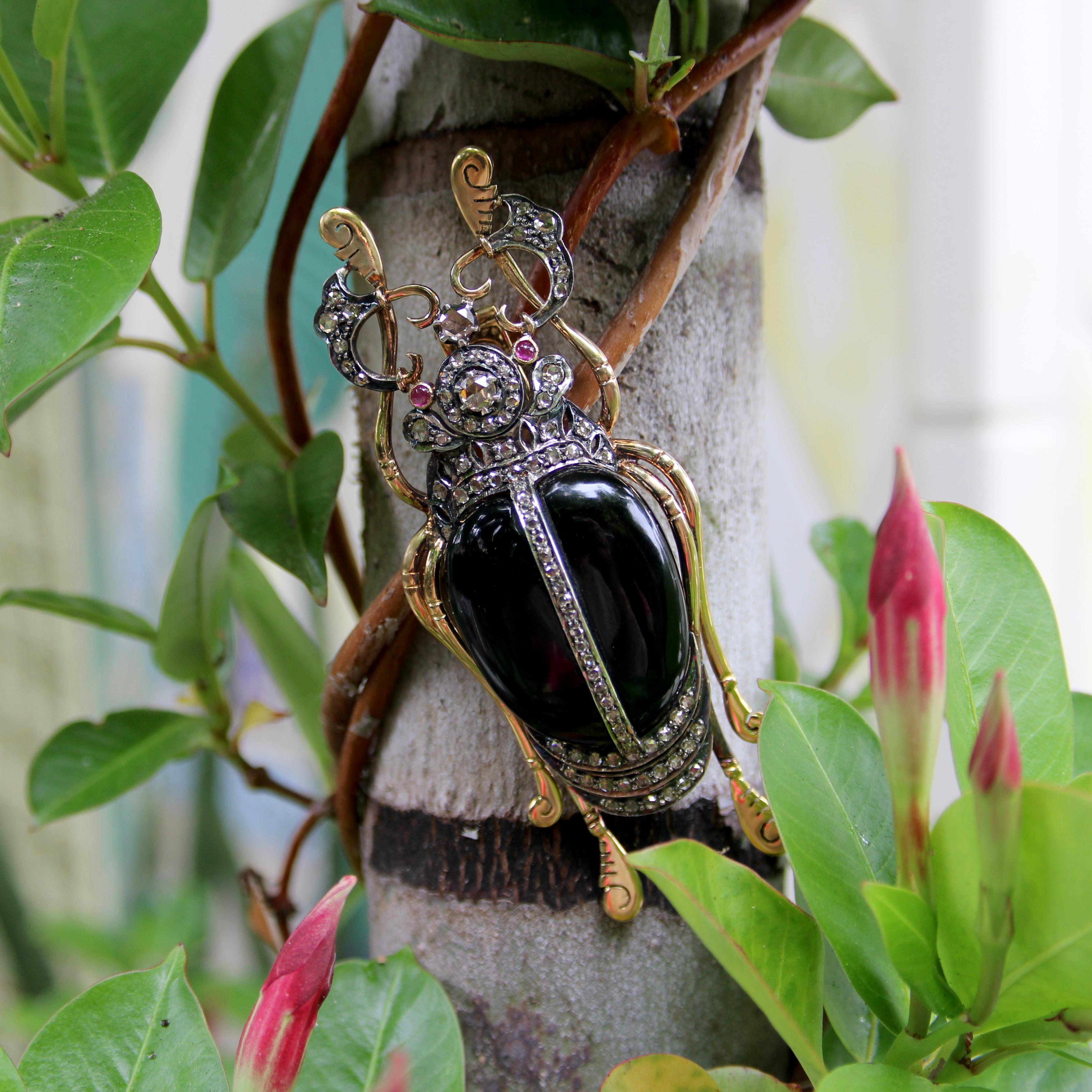 Edwardian 18K Gold & Sterling Silver Beetle Brooch with Rose Cut Diamonds Onyx & Ruby For Sale