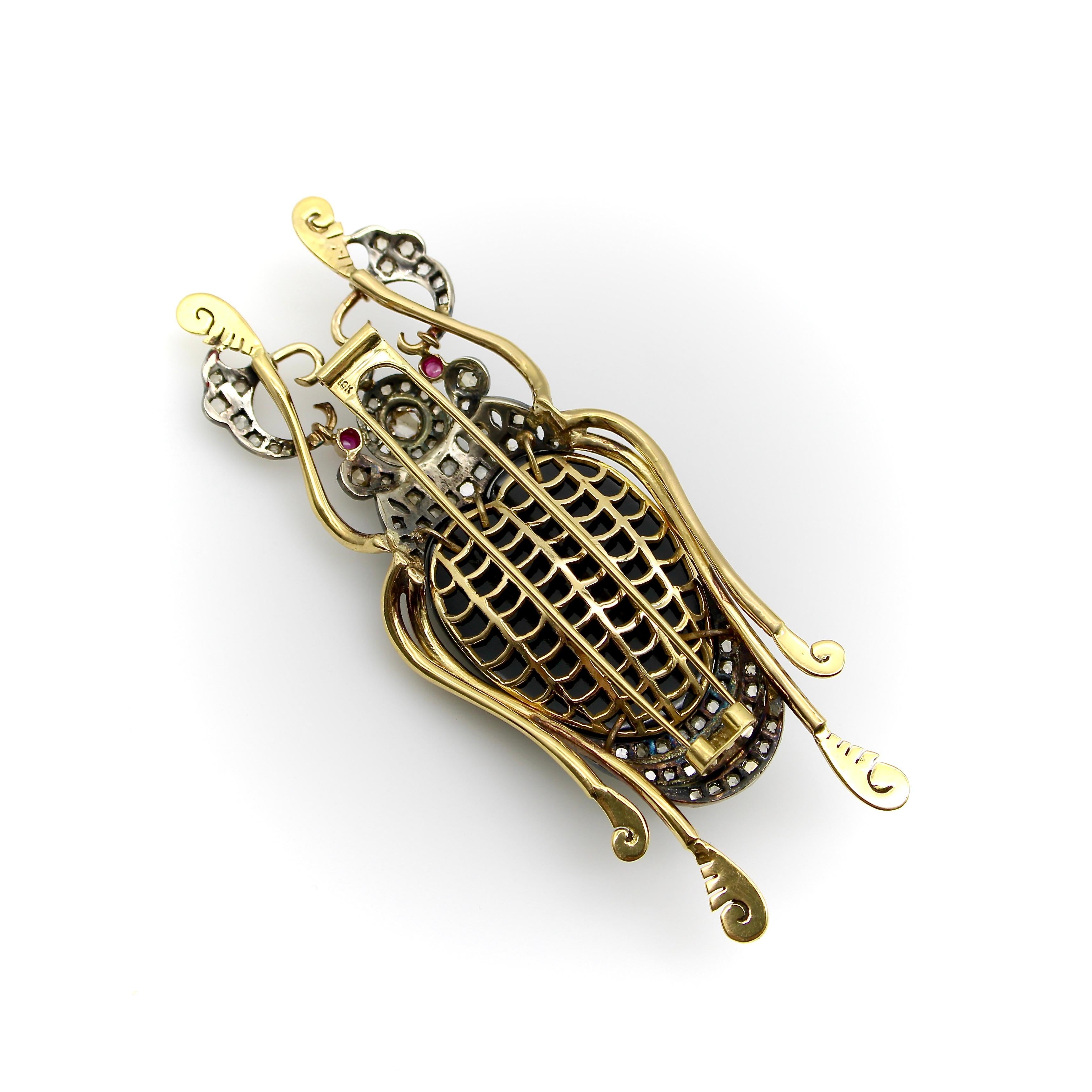 18K Gold & Sterling Silver Beetle Brooch with Rose Cut Diamonds Onyx & Ruby In Good Condition For Sale In Venice, CA