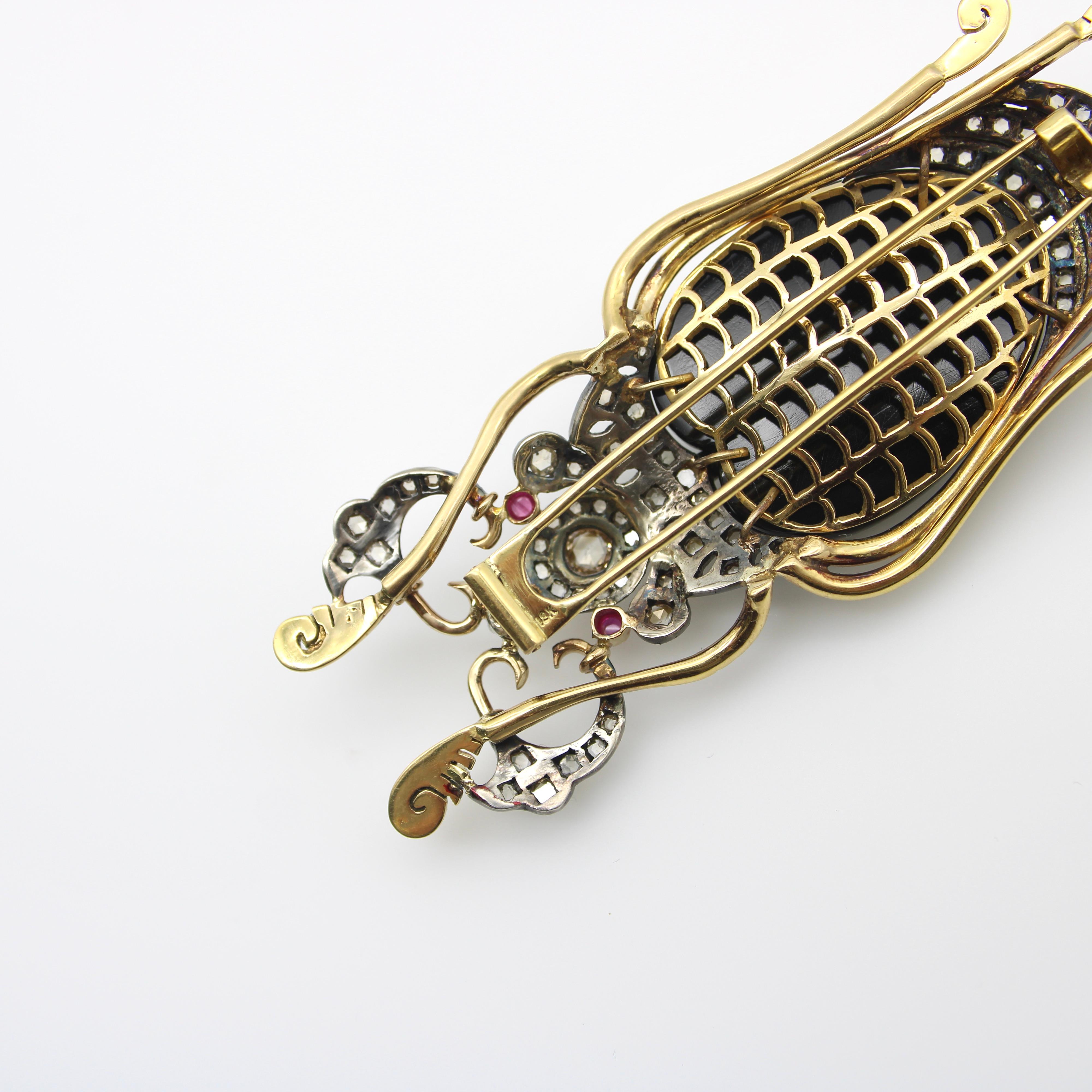 Broche Escarabajo de Oro de 18 K y Plata de Ley con Diamantes talla Rosa Ónix y Rubí en venta 2