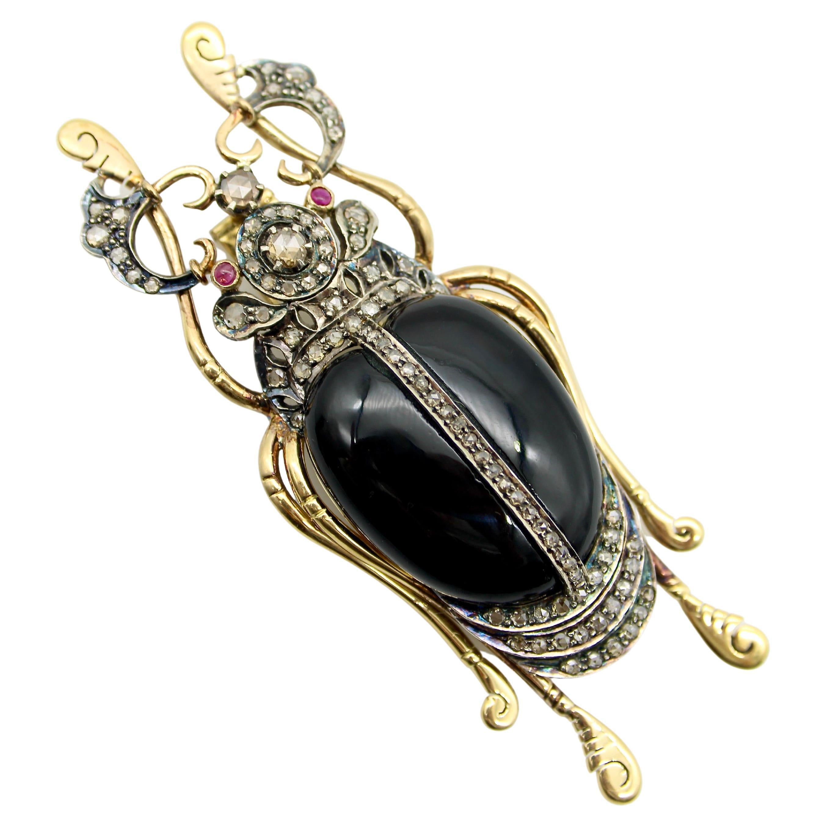 18K Gold & Sterling Silver Beetle Brooch with Rose Cut Diamonds Onyx & Ruby For Sale