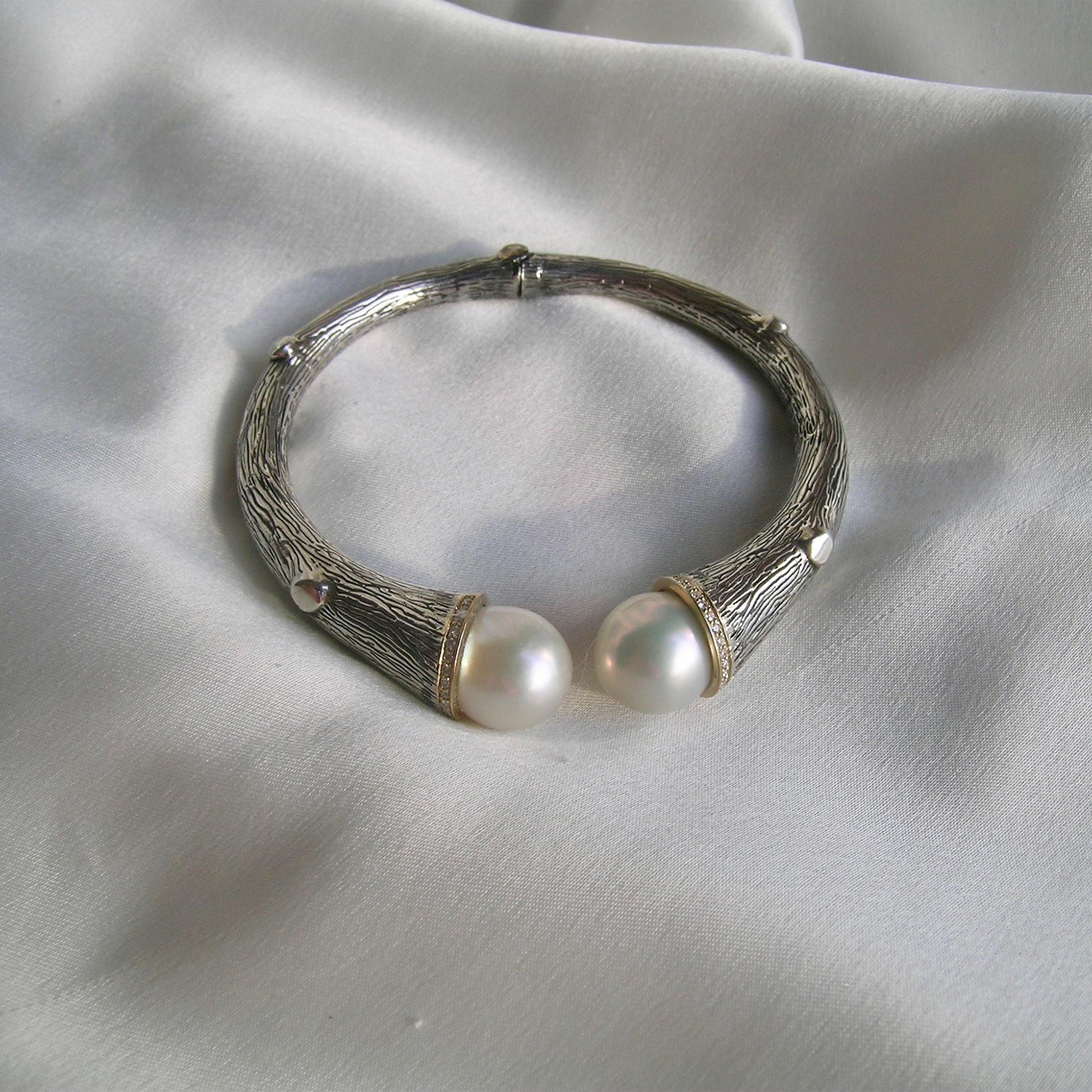 18 Karat Gold, Sterling Silver, Diamond and Pearl Cuff Bracelet In New Condition For Sale In Eugene, OR