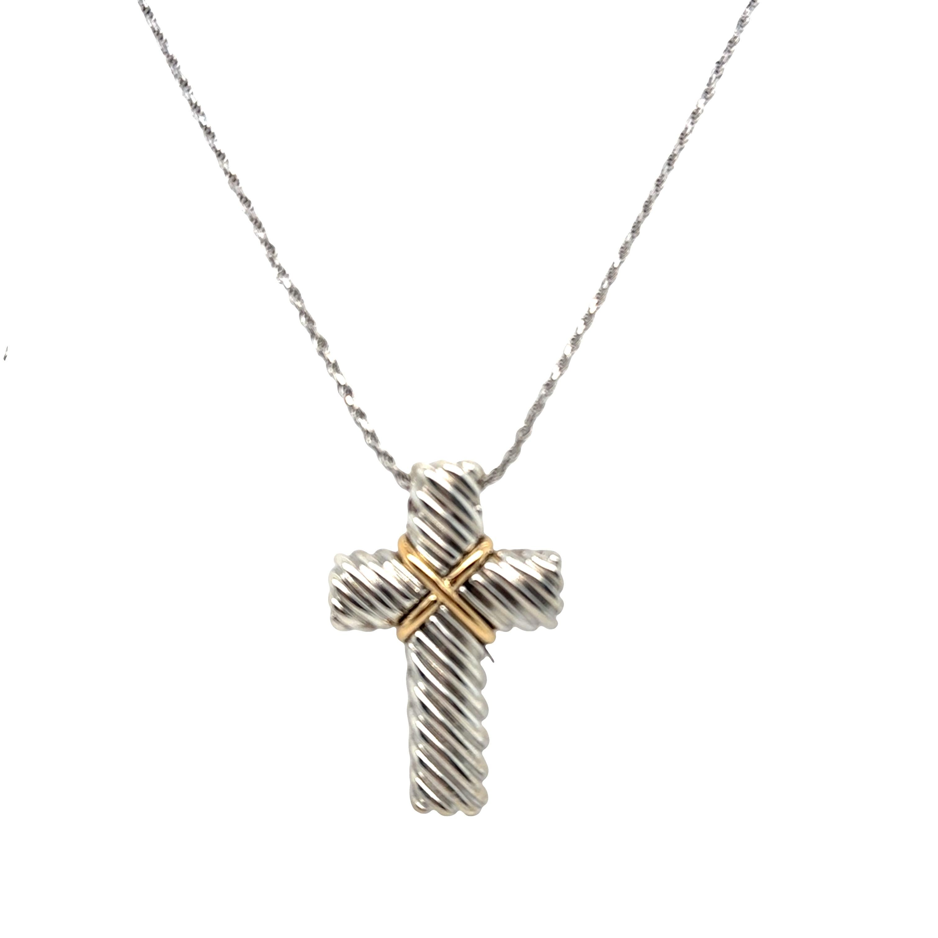 Collar de oro de 18 quilates y plata de ley con cable y cruz acanalada en Excelente estado para la venta en beverly hills, CA