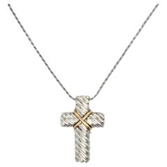 Collar de oro de 18 quilates y plata de ley con cable y cruz acanalada