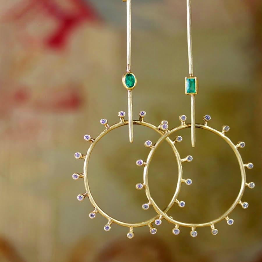 Artist Margery Hirschey 18k Gold Sticks and Stones Diamond and Zambian Emerald Earrings For Sale