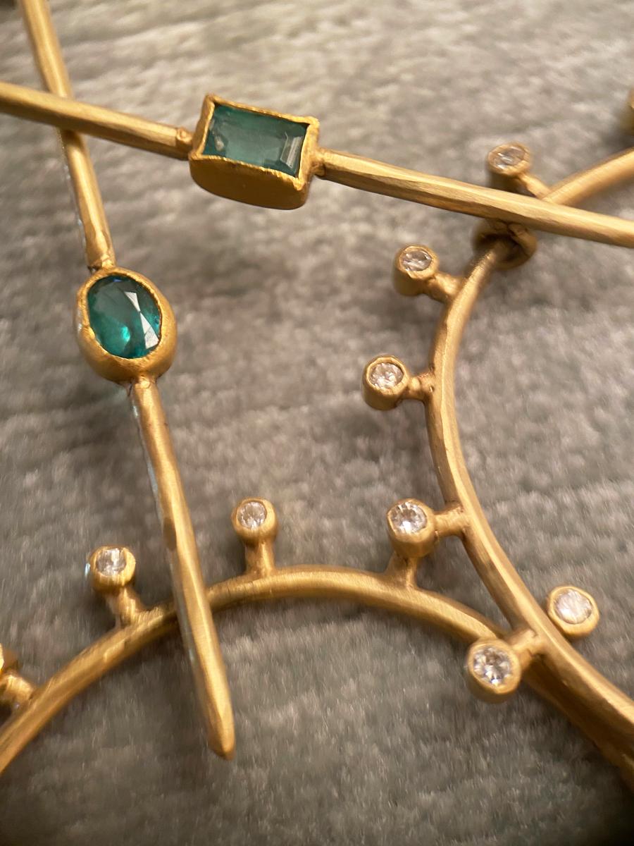 Emerald Cut Margery Hirschey 18k Gold Sticks and Stones Diamond and Zambian Emerald Earrings For Sale